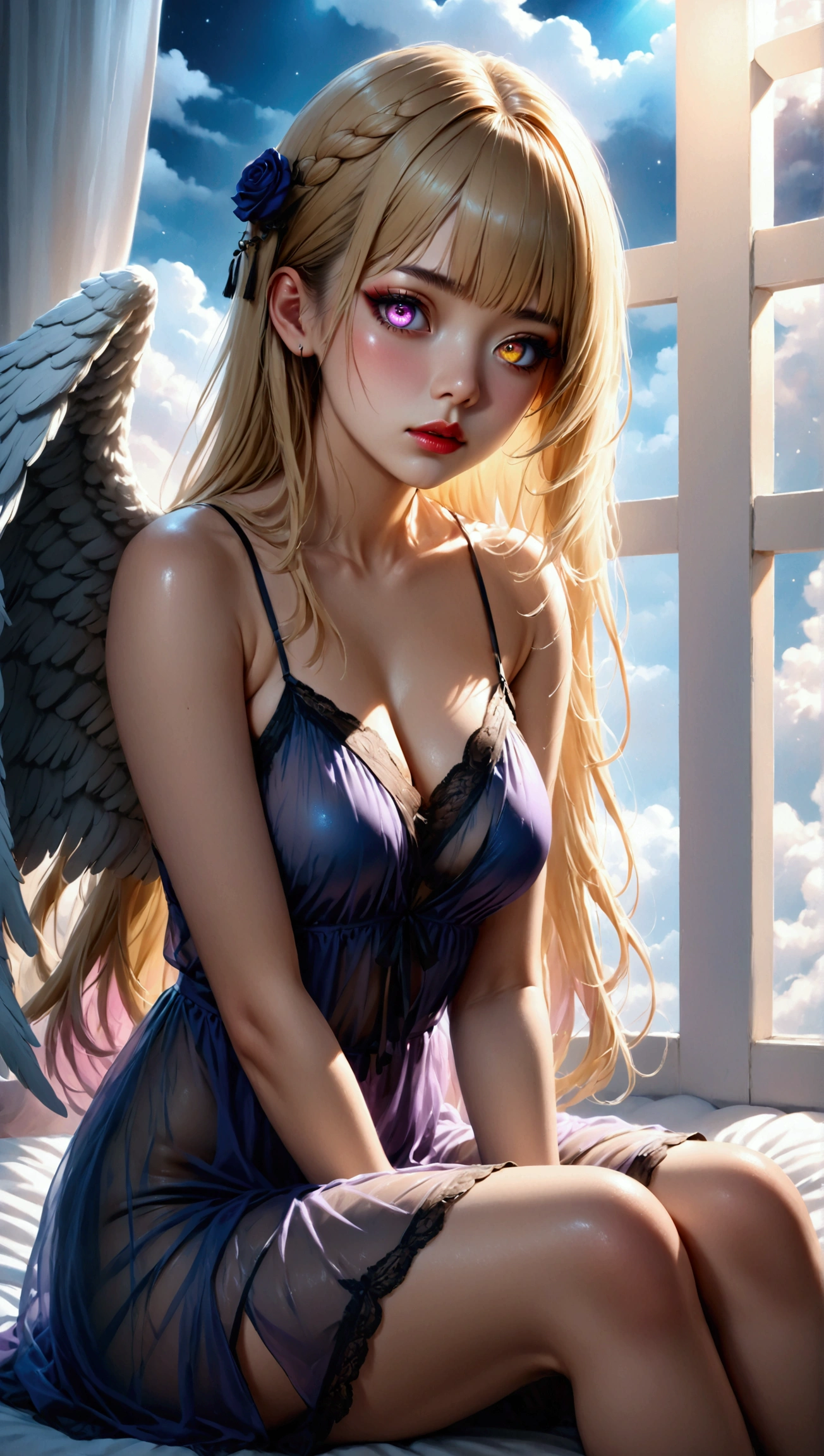 Blonde angel girl, Teenage face, long curly hair, blue eyes, bright white wings, well endowed, big tits, round ass, dressed in an open ethereal white dress, with the tits out, squatting with legs apart, showing her shaved vagina, sweet and heavenly expression, heavenly environment with clouds and golden light, peeing, NSFW
