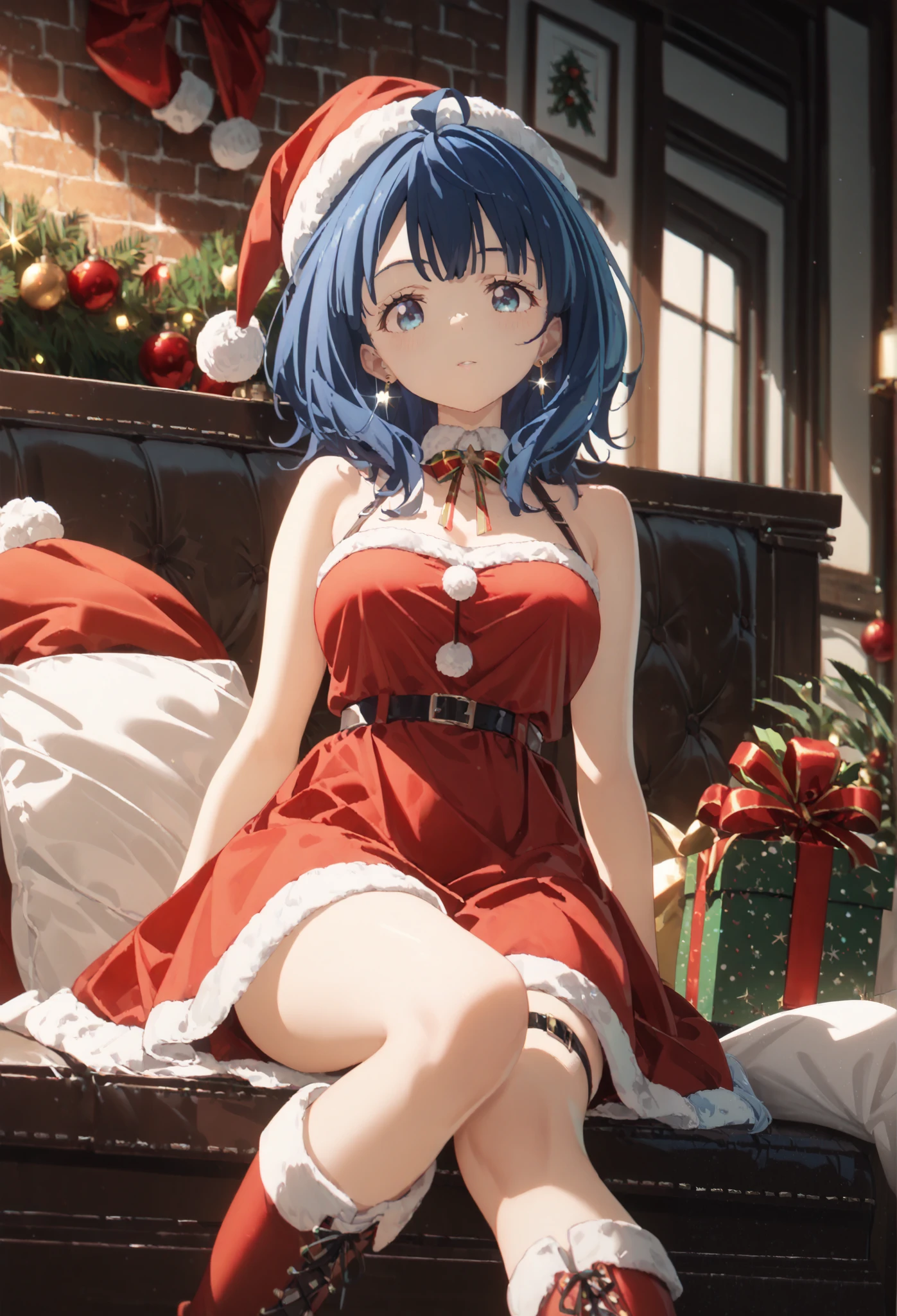 Christmas vibe,1girl, solo, red santa dress, santa hat,dress, looking at viewer, jewelry,, red ribbon, bangs, earrings, boots,yanamianna, medium hair, ahoge, middium breasts,blue hair,blue eyes,