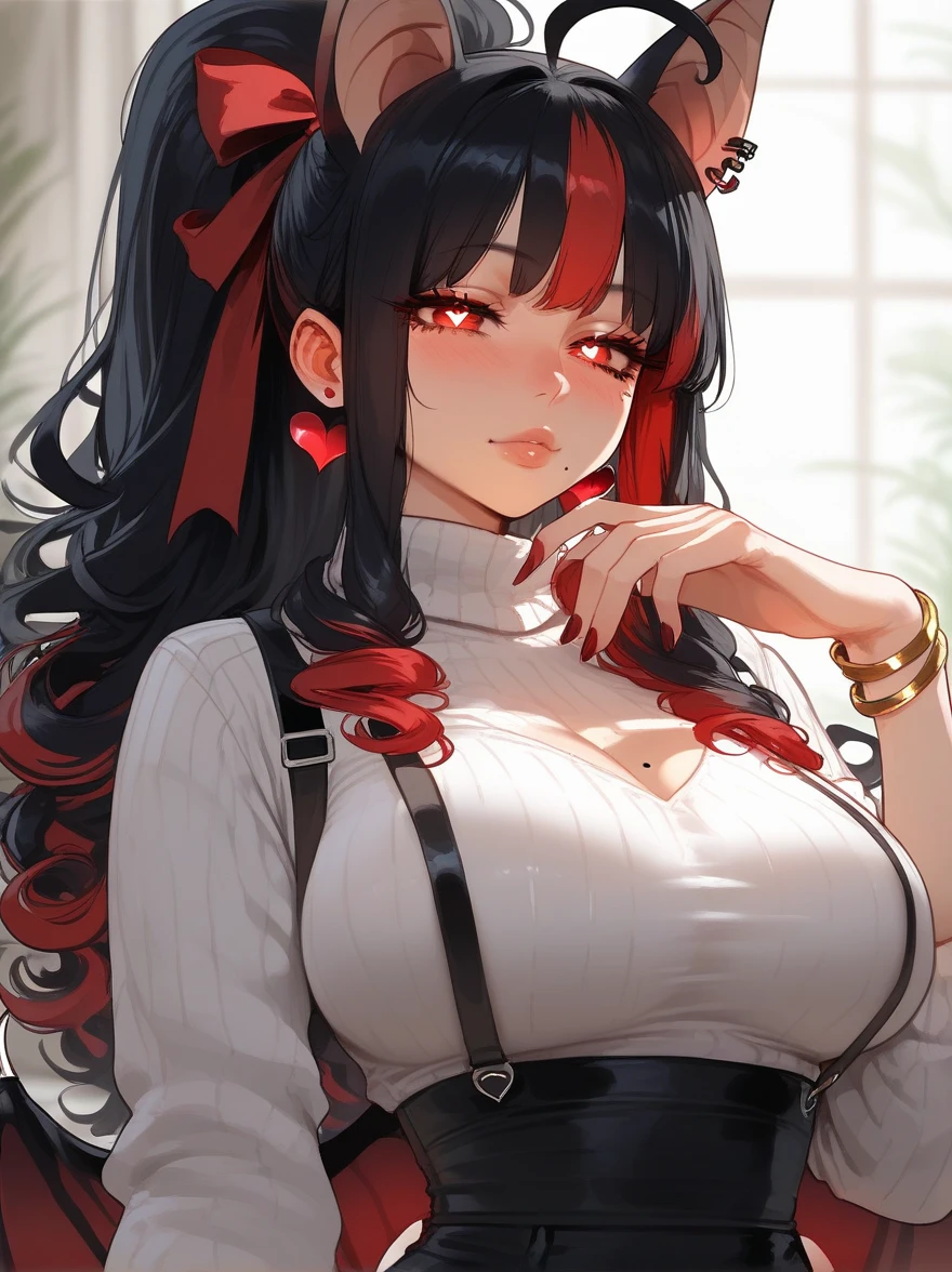 Masterpiece, best quality, upscaled, HD detail, detailed, good quality, score_9, score_8_up, score_7_up, detailed eyes, mole on face, mole on breasts, lips, ((large breasts)), heart earrings ,   ,red eyes, High ponytail, long side hairs, eyes through bangs, hair clips, detailed eyes, hair ribbons, jewelry, heart-shaped pupils, eyeliner, dolly eyelashes, ,  ahoge, curly hair, blush, bracelets , skinny waist, bracelets, nails, black hair undertone, bat ears, bat wings, suspenders, short skirt, sweater top, looking at viewer , ((bat ears on head)), ((red hair on top of head))), ((black hair at bottom)),red hair roots, ((few colored hair streaks)), ((LESS BLACK HAIR))