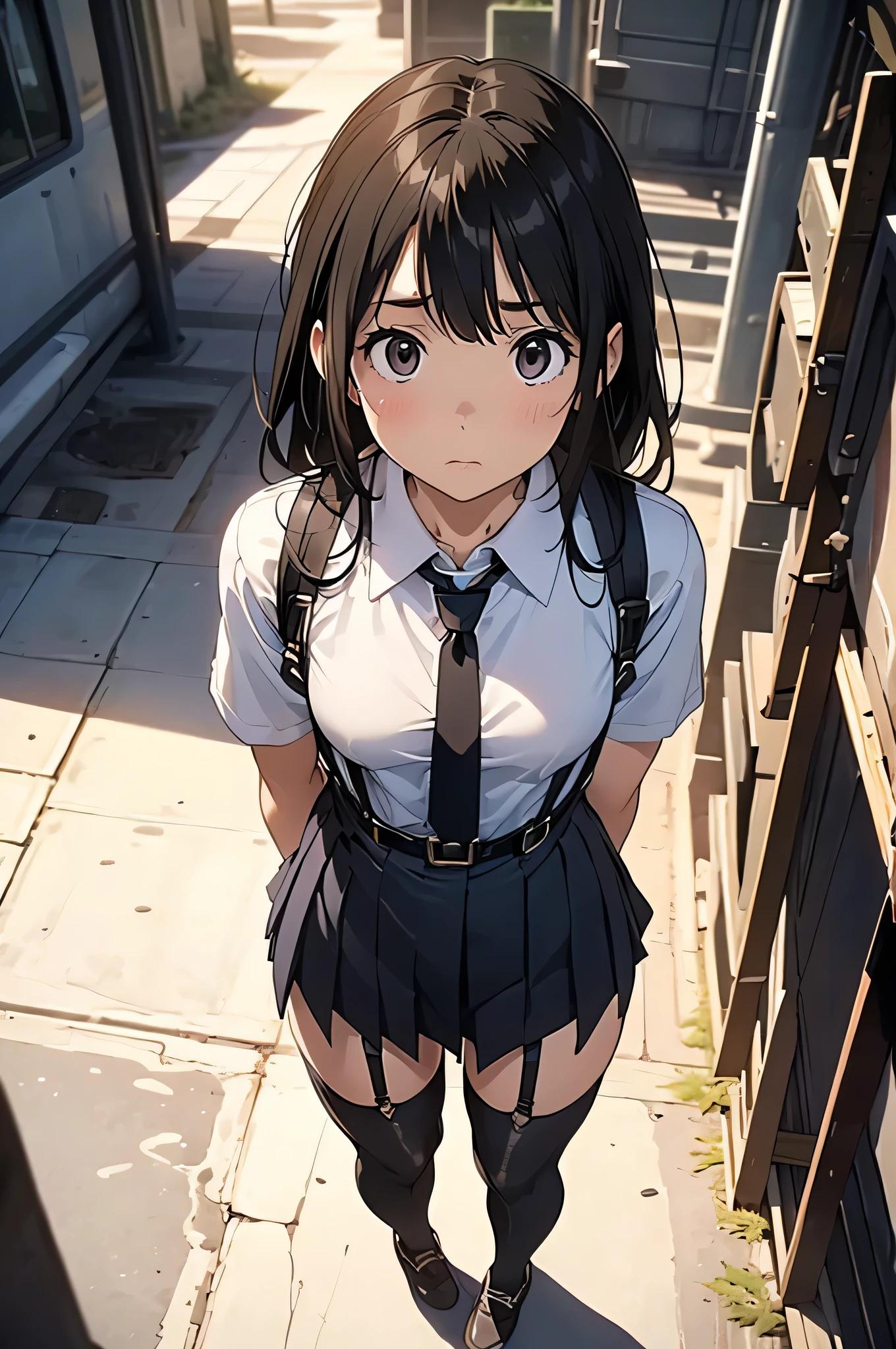 High Quality , masterpiece, super high res, ( realism : 1.4), oil painting style , movie lighting, , I stood on an empty asphalt road and watched it.., and、flying crane suspenders Big Breasts small face bed with a bra and under looks up sweat belt buzzer 脇sweat black hole gloves suit miniskirt garterbelt Foot Link ズボンのbelt fold your hands on your back uneasy expression looks up uneasy expression Knee-length knee socks Knee-length socks garter belt garter Garterbelt on thighs, fold your hands on your back restrict handcuffs Cable ties Cable ties on thumbs