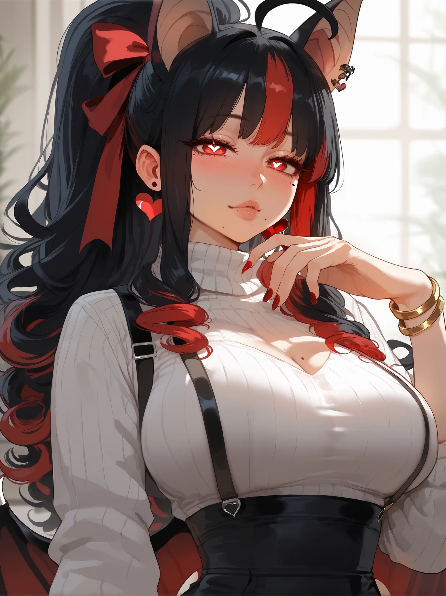 Masterpiece, best quality, upscaled, HD detail, detailed, good quality, score_9, score_8_up, score_7_up, detailed eyes, mole on face, mole on breasts, lips, ((large breasts)), heart earrings ,   ,red eyes, High ponytail, long side hairs, eyes through bangs, hair clips, detailed eyes, hair ribbons, jewelry, heart-shaped pupils, eyeliner, dolly eyelashes, ,  ahoge, curly hair, blush, bracelets , skinny waist, bracelets, nails, black hair undertone, bat ears, bat wings, suspenders, short skirt, sweater top, looking at viewer , ((bat ears on head)), ((red hair on top of head))), ((black hair at bottom)),red hair roots, ((few colored hair streaks)), ((LESS BLACK HAIR))