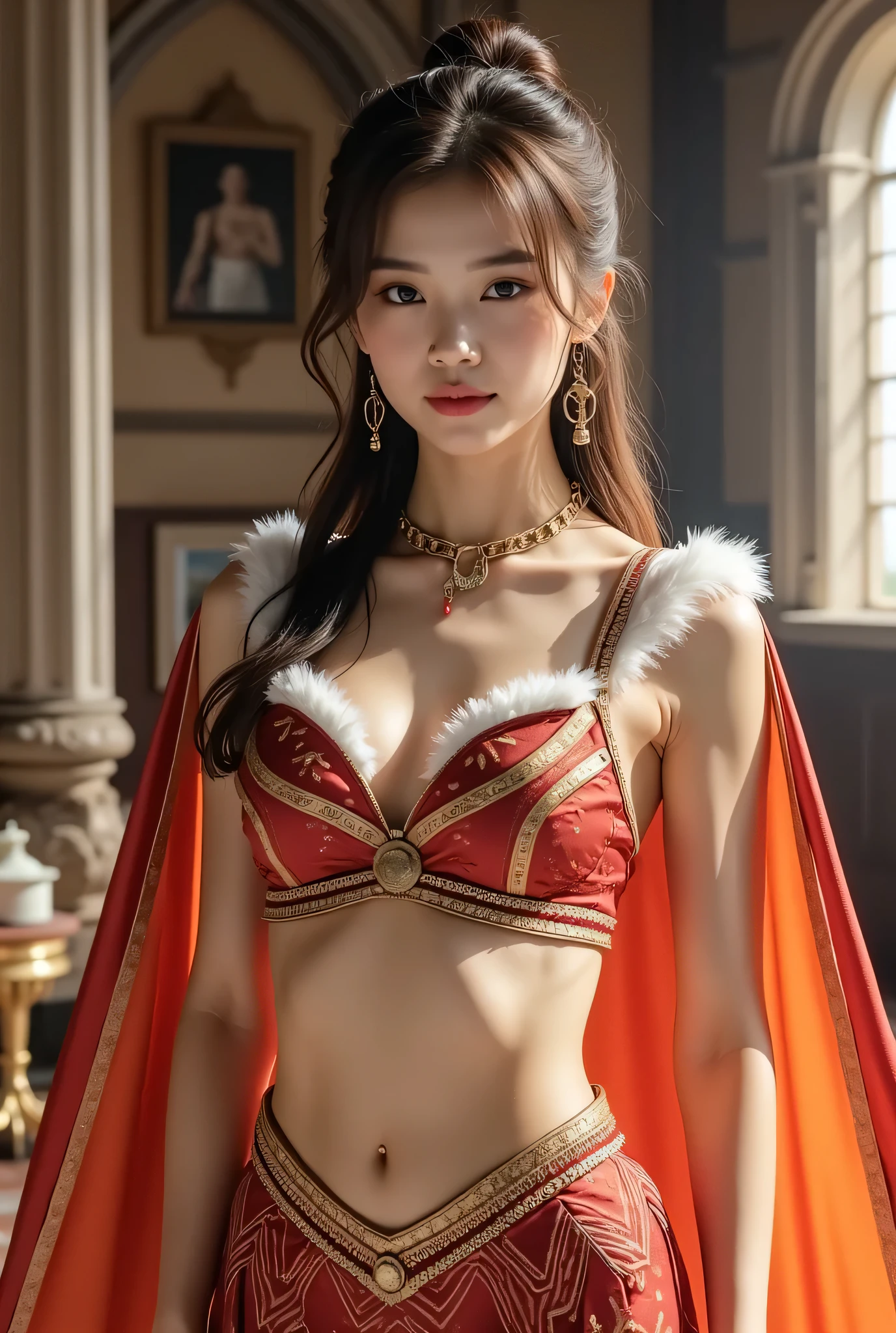 (8k, top quality, masterpiece), ( realistic , photo realistic : 1.37), super detailed , One Girl , {Phoenix Night in Santa Claus Cosplay} , Big Bouncing Breasts , extremely delicate depiction 、 Armor that combines intricately patterned chain scarves and kimonos that combine realistic elements with fantastic elements , Wear intricately patterned chain chains , Braided Chain Chain 、 Pump your fist 、 A world of reality and fantasy ( Swirling Fire Cloak :1)、 stare at the camera 、 Inside a Medieval Castle
