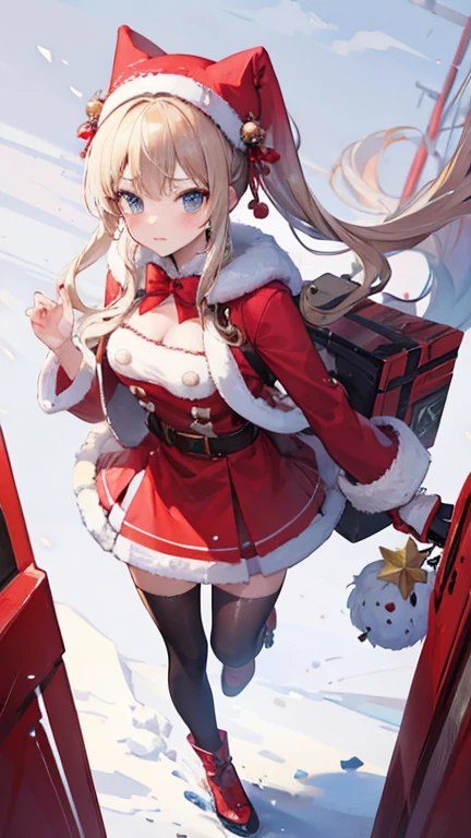 "anime girl, 1 person, bright blonde hair, glasses, crown on head, santa shirt, santa suit, winter suit, winter dress, red dress, big breasts, stockings, standing  cross legs, snowfall, christmas gift box, christmas, solo, (full HD 4K+ image)"