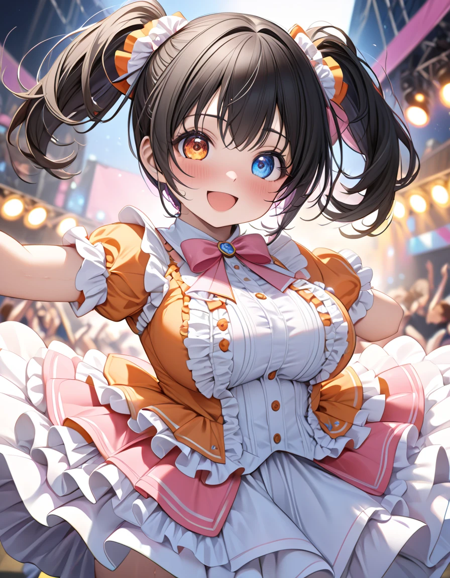 (ultra-detailed, master piece, best quality, high resolution, beautiful hair, beautiful eyes, expressive eyes, perfect face, perfect human structure, photorealistic background, very dynamic illustration),
 outdoor music festival, ( colorful spotlights, live stage,
 slightly frizzy hair, short cut, high twin tails up both sides, black hair, super baby face, big droopy eyes, heterochromia, pink eye, orange eye, very huge breasts, wearing a cute idol outfit with lots of frills, a little blushing and cute. She is wearing a cute idol outfit with lots of frills, blushing a little, smiling prettily, dancing and singing energetically and intensely, sweaty, and on the verge of tits.