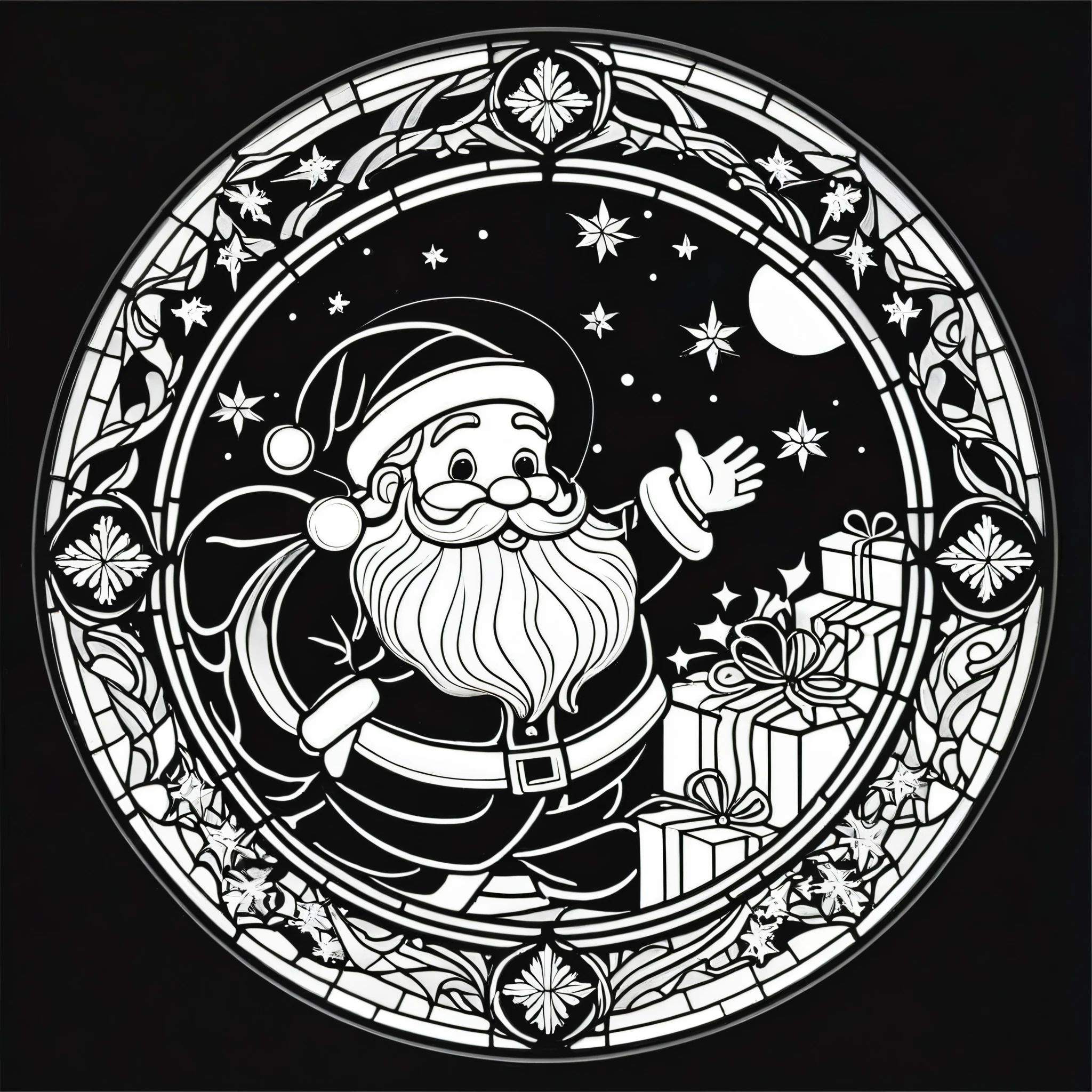 circle, simple line art, black and white, Stained glass design, without colored glass, composed only of lines, The theme is Santa Claus is busy delivering presents,