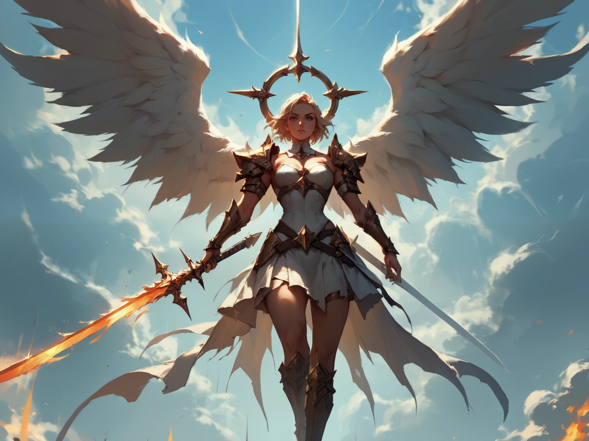 An epic battle between an angel of God with a large and imposing white wing ,  this female angel carries two flaming swords , Imposing swords.  holding a sword in each hand, seen from afar and from below 
