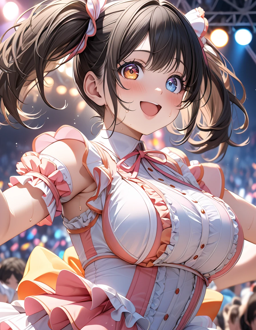 (ultra-detailed, master piece, best quality, high resolution, beautiful hair, beautiful eyes, expressive eyes, perfect face, perfect human structure, photorealistic background, very dynamic illustration),
 outdoor music festival, ( colorful spotlights, live stage,
 slightly frizzy hair, short cut, high twin tails up both sides, black hair, super , big droopy eyes, heterochromia, pink eye, orange eye, very huge breasts, wearing a cute idol outfit with lots of frills, a little blushing and cute. She is wearing a cute idol outfit with lots of frills, blushing a little, smiling prettily, dancing and singing energetically and intensely, sweaty, and on the verge of tits.