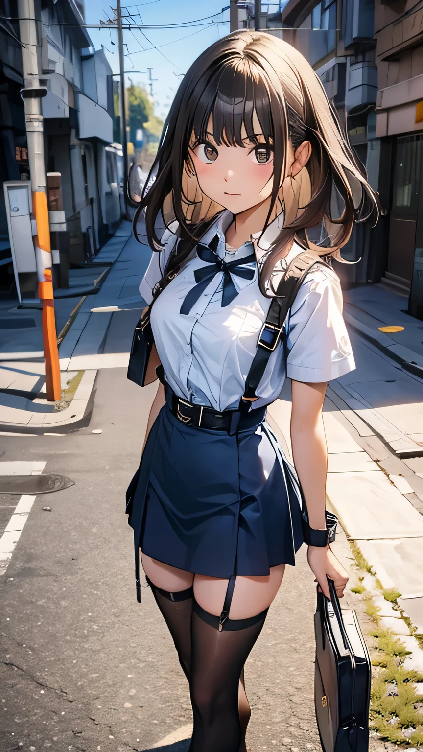  High Quality , masterpiece,  super high res, ( realism: 1.4),  oil painting style ,  movie lighting, ,  I stood on an empty asphalt road and watched it.., and、flying crane suspenders 　　 Big Breasts　 　 　　　　 Small Face 　 　　　　　　　　　　  Lies in Bed 　 looks up　　　　sweat 　　　belt　buzzer　脇sweat 　 black hole gloves 　suit　　　　  miniskirt　garterbelt　Foot Link　ズボンのbelt　　　 　　 place hands on back 　  uneasy expression　 looks up　 uneasy expression　Knee-length　 knee socks　Knee-length socks garter belt　garter　Garterbelt on thighs,  place hands on back 　　restrict　handcuffs　Cable ties　Cable ties on thumbs
