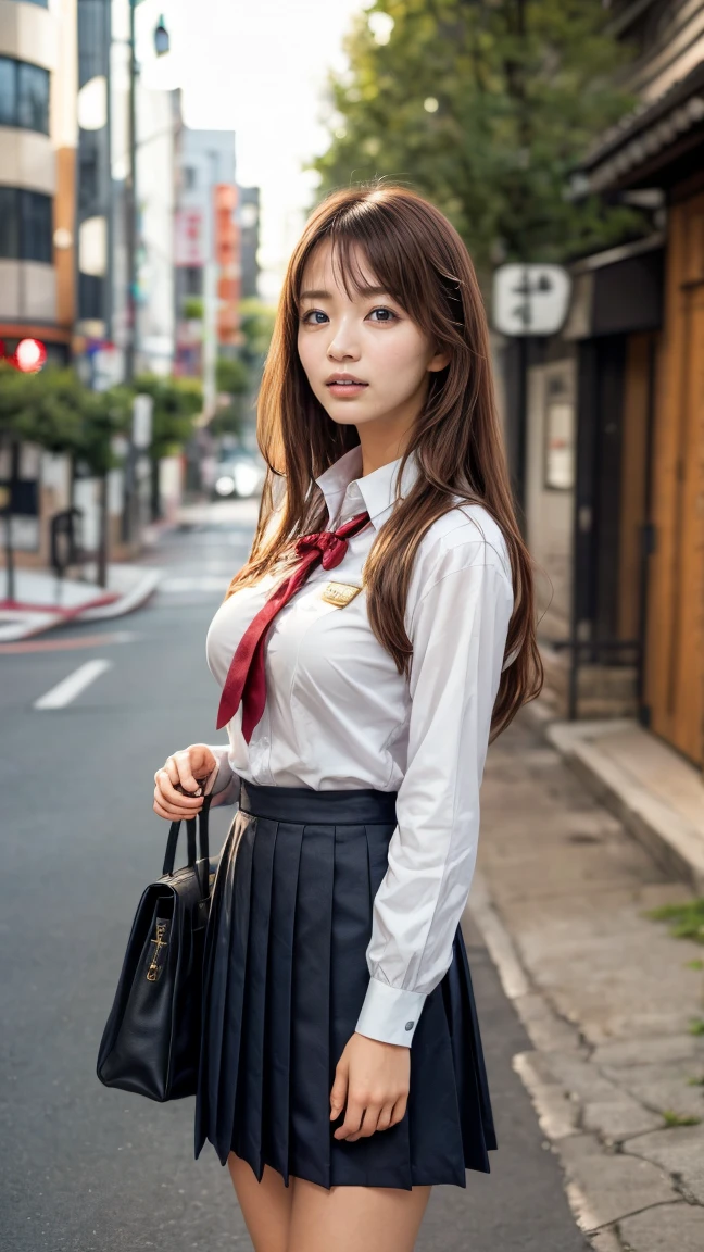 a beautiful 18 year old Japanese high school girl with perfect anatomy, healthy thighs, beautiful legs, beautiful skin, random hair color and style, large breasts, (wearing a Japanese schoolgirl uniform:1.3), (she is standing:1.2), penny loafers, holding a student bag, full body shot, standing on a city street, (best quality,4k,8k,highres,masterpiece:1.3),(extremely detailed:1.2), photorealistic, ultra-detailed, vivid colors, studio lighting, professional, Sae Okazaki