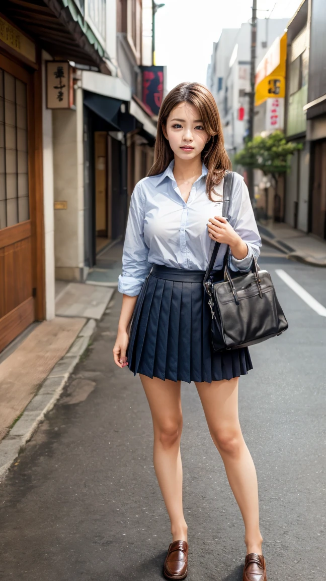 a beautiful 18 year old Japanese high school girl with perfect anatomy, healthy thighs, beautiful legs, beautiful skin, random hair color and style, large breasts, (wearing a Japanese schoolgirl uniform:1.3), (she is standing:1.2), penny loafers, holding a student bag, full body shot, standing on a city street, (best quality,4k,8k,highres,masterpiece:1.3),(extremely detailed:1.2), photorealistic, ultra-detailed, vivid colors, studio lighting, professional, Sae Okazaki