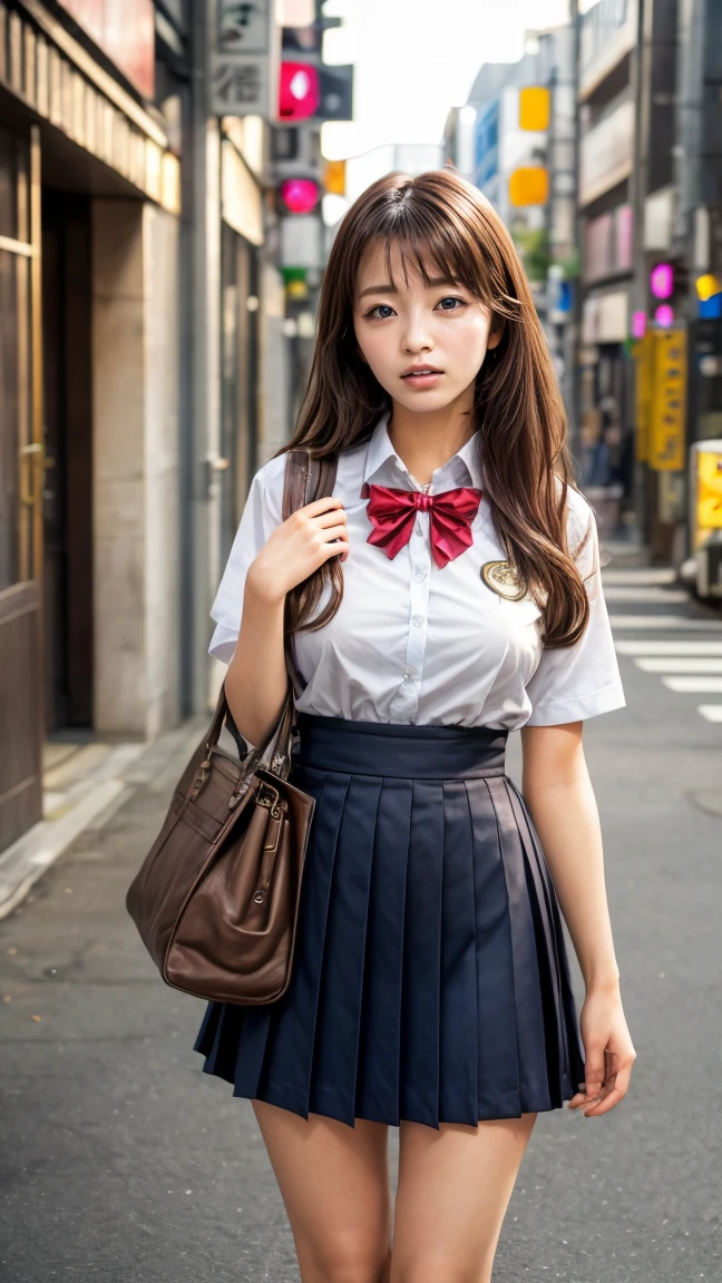 a beautiful 18 year old Japanese high school girl with perfect anatomy, healthy thighs, beautiful legs, beautiful skin, random hair color and style, large breasts, (wearing a Japanese schoolgirl uniform:1.3), (she is standing:1.2), penny loafers, holding a student bag, full body shot, standing on a city street, (best quality,4k,8k,highres,masterpiece:1.3),(extremely detailed:1.2), photorealistic, ultra-detailed, vivid colors, studio lighting, professional, Sae Okazaki