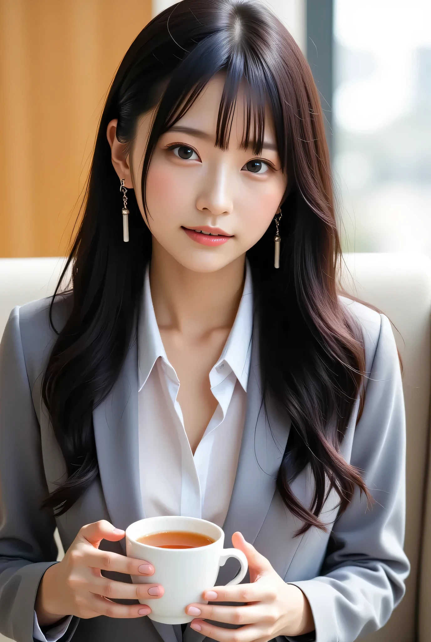 A hyper-photorealistic image of an elegant, relaxed office lady with black long hair. best quality, fine details in the eyes and skin, warm indoor lighting, 27 years old, Japanese, black eyes, long black hair, loose waves, moderate breasts, soft lips, earrings, necklace, light gray tight suit, silk blouse, mini skirt, low heels, long sleeves, office lounge area, sitting on a sofa, holding a cup of tea, gentle smile, from side, full-body.,cameltoe,torpedo large breasts,