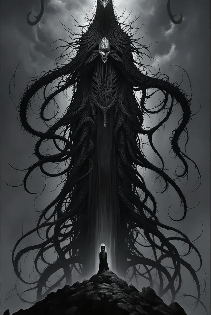 (masterpiece, best quality:1.2), deadly horror, dark art,In this dark fantasy maximalist hyperdetailed illustration, a colossal, skeletal or biomechanical entity emerges from craggy mountainous terrain, its grotesque yet awe-inspiring form towering above a lone human figure standing in silhouette at the base. The creature's tendrils stretch and spiral upward into a storm-filled sky, dwarfing the human and evoking a profound sense of cosmic insignificance. The scale contrast between the human and the entity amplifies feelings of dread and awe. The artistic style seamlessly blends intricate linework with an organic, flowing aesthetic, showcasing influences from manga/anime and Western dark fantasy art. The creature's skull-like head and twisted form create an otherworldly, fluid appearance, while the sharp, detailed lines contribute to an unsettling atmosphere. This, painting, illustration, 3d render, cinematic, dark fantasy, poster
