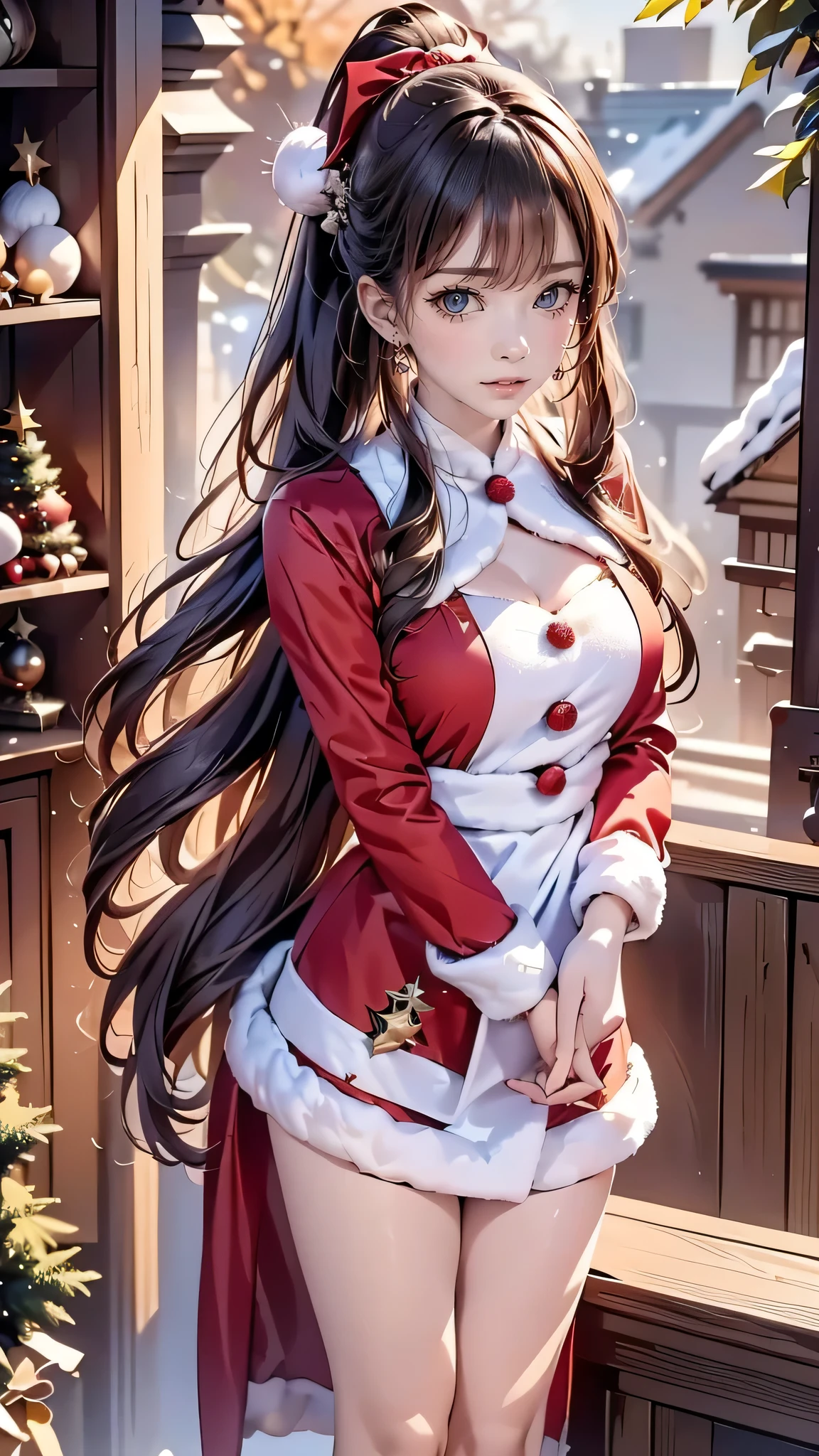 masterpiece:1.2, high quality, best quality, christmas, christmas church, christmas candles, christmas present, christmas dinner, christmas cake, xmas turkey dishes, christmas tree, santa costume, santa hat, santa dress, santa miniskirt, Glaring, Red eyes, Long hair, black hair, red colored inner hair:1.2, ponytail, hairs between eyes, straight hair, 1 girl, embarrassed, standing, hold a christmas present, shoot from above, cowboy shot,