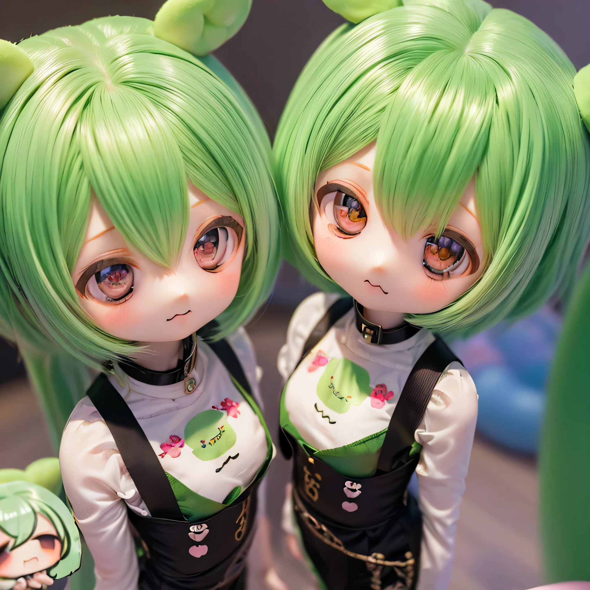         green-haired Zundaman in a cute pose(((((Chibi)))))play、(((  Mother and daughter)))