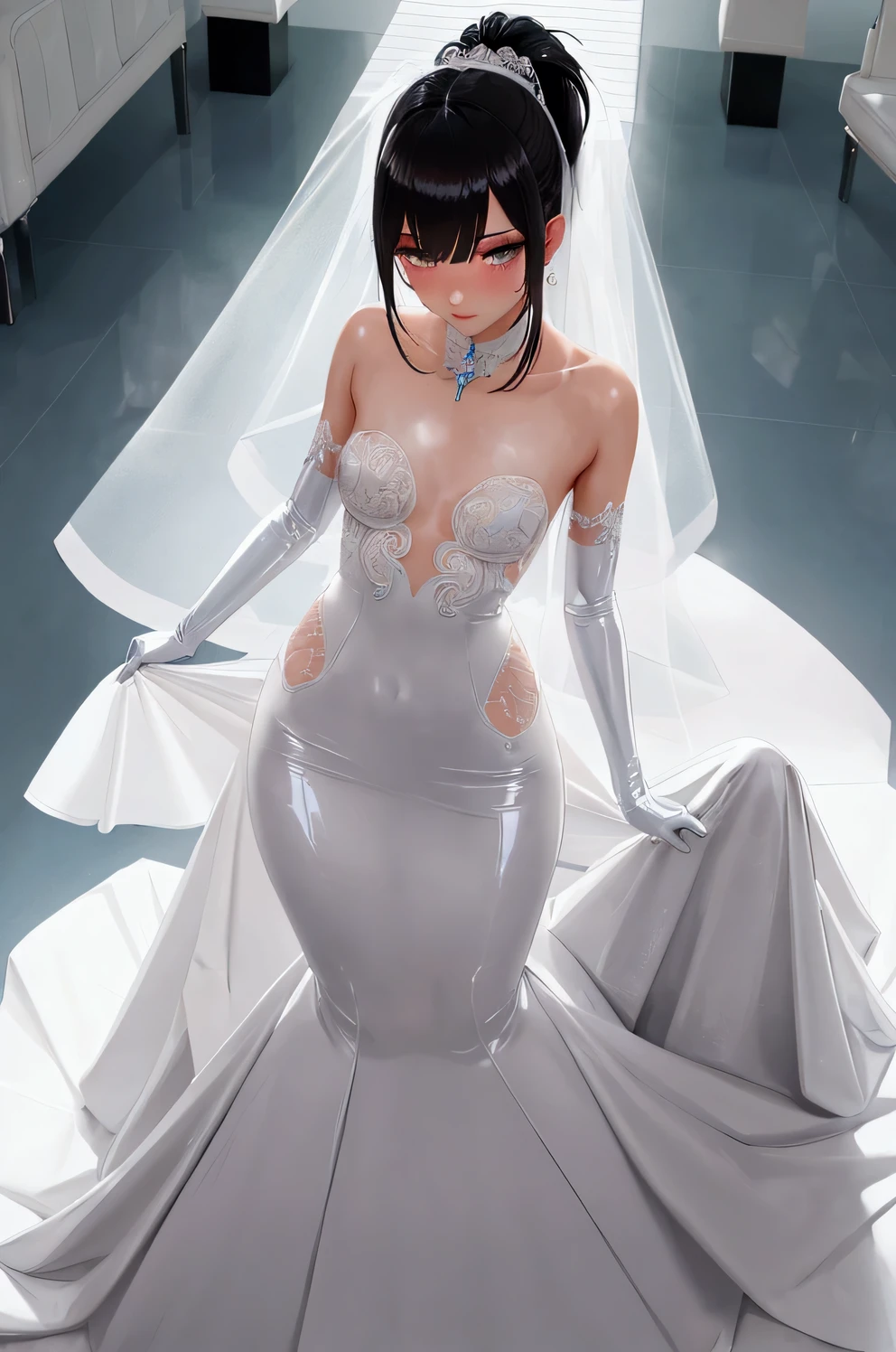animetoreal, masterpiece, best quality, very aesthetic, absurdres, 1girl, mature_lady,wedding_dress,,Kochou Shinobu, Decorate hair with a butterfly, violet eyes, multi-colored hair, Short hair, Parted bangs,,in a plaza,floating_hair,