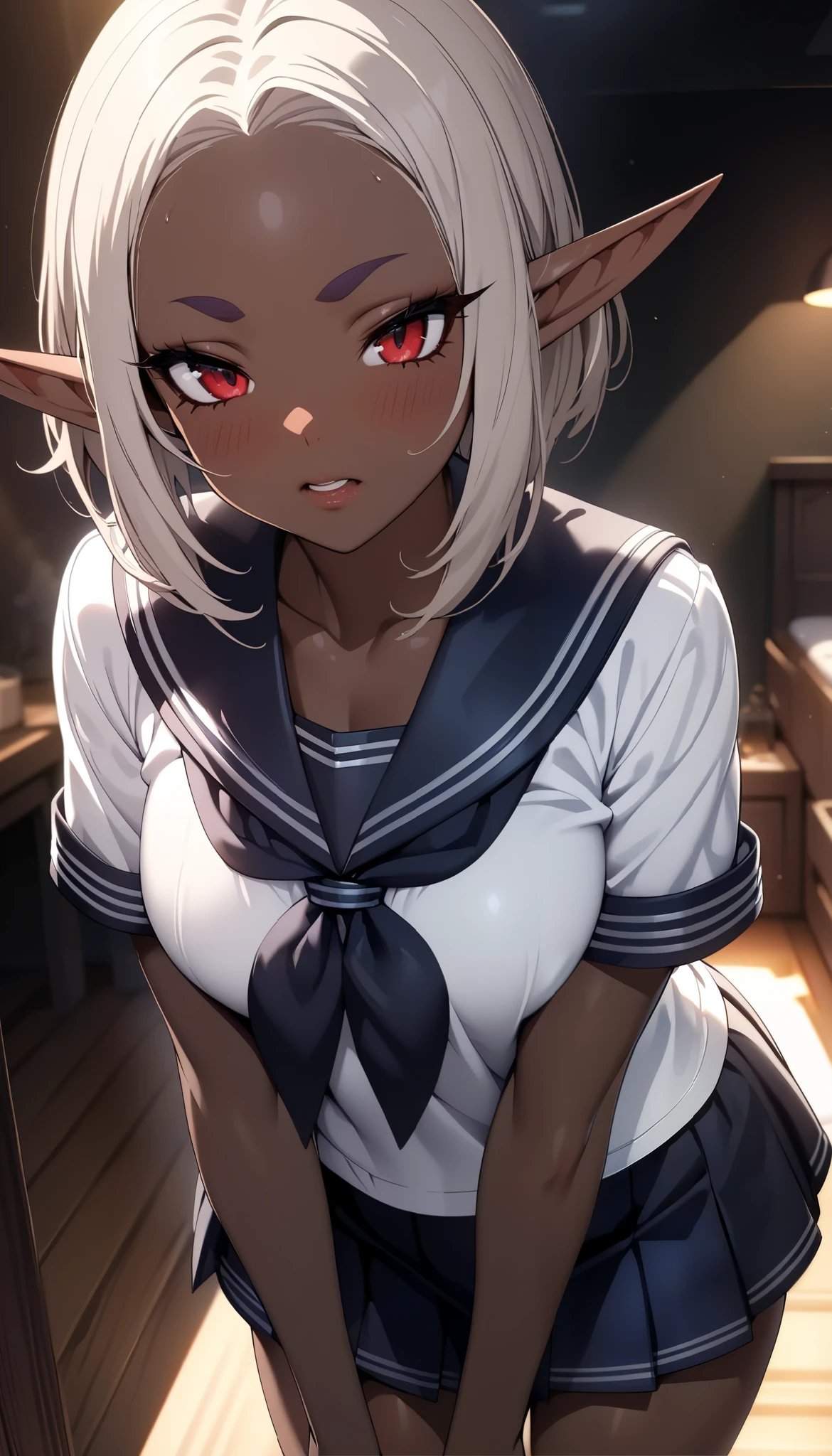 ( top quality :1.2,  very detailed,  high detailed CG illustration ,  soft focus, masterpiece:1.2,  best aesthetics), 1 female, ((( Beautiful Dark Elf Women,  brown skin:1.6))), JK,  Silver Hair,  short hair, Beautiful red eyes,  beautiful lips,  very detailed目と顔,  long eyelashes, Long ears,  pointed ears, Beautiful Kurodan , ((Lewd face:2, Keep your mouth shut)),  school uniform,  sailor suit,  micro mini skirt :1.4, ( standing pose),  dim room,  Dark Shiny Light , Quiet, obscene, obscene, Light streaming in,