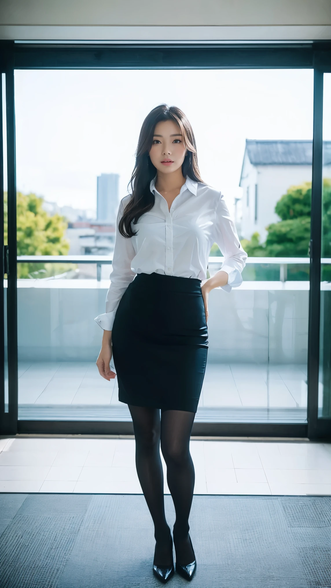 A beautiful Japanese woman in her 40s is carrying a bag and running through an office district in the morning, {shirt, miniskirt, pantyhose on panties, high heel :1.4), Realistic, Realistic, Realistic body shape, Gentle eyes, High nose, Thick lips, detailed face, Very detailed, highest quality, 8k, Sharp focus, Uplifting, High resolution, Ideal ratio, Gentle eyes, High nose, Thick lips, Panic look, open mouth, full body shot, dynamic view