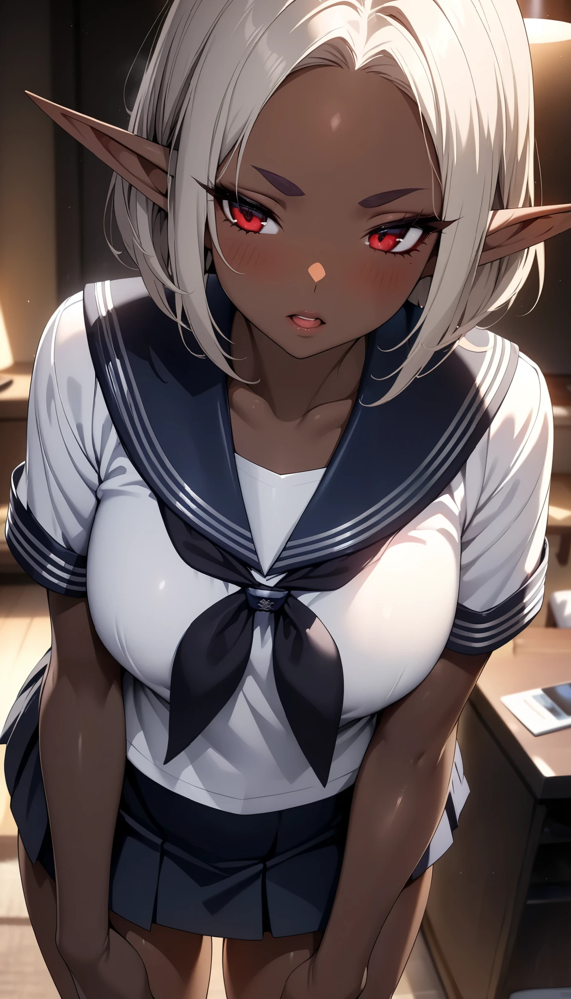 ( top quality :1.2,  very detailed,  high detailed CG illustration ,  soft focus, masterpiece:1.2,  best aesthetics), 1 female, ((( Beautiful Dark Elf Women,  brown skin:1.6))), JK,  Silver Hair,  short hair, Beautiful red eyes,  beautiful lips,  very detailed目と顔,  long eyelashes, Long ears,  pointed ears, Beautiful Kurodan , ((Lewd face:2, Keep your mouth shut)),  school uniform,  sailor suit,  micro mini skirt :1.4, ( standing pose),  dim room,  Dark Shiny Light , Quiet, obscene, obscene, Light streaming in,