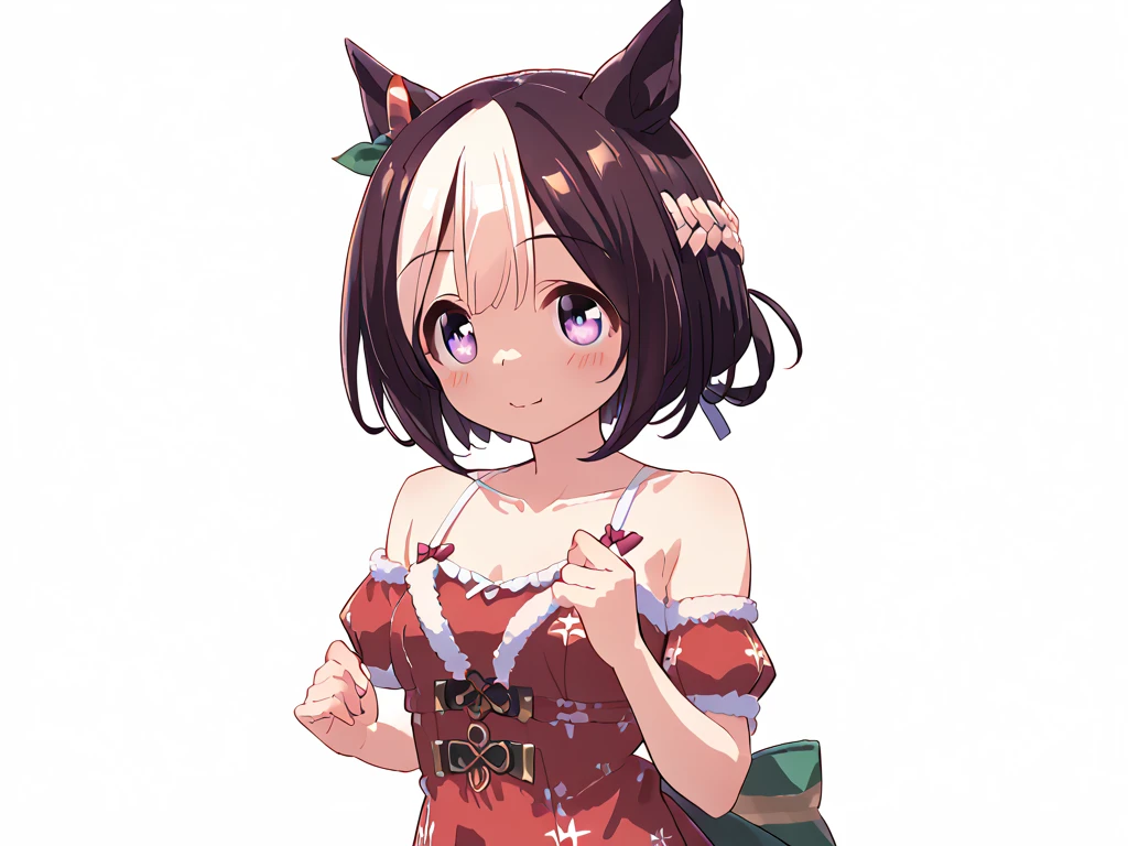 best quality, absurdres, masterpiece, 1人の女の子
special week \(Uma Musume\), 
full body, standing upright, white background, simple background, ((simple red christmas costume, fake fur, camisole, tartan pattern)), cute, beautiful, upper body, from front,, adult, 30-year-old, にっこり笑う,