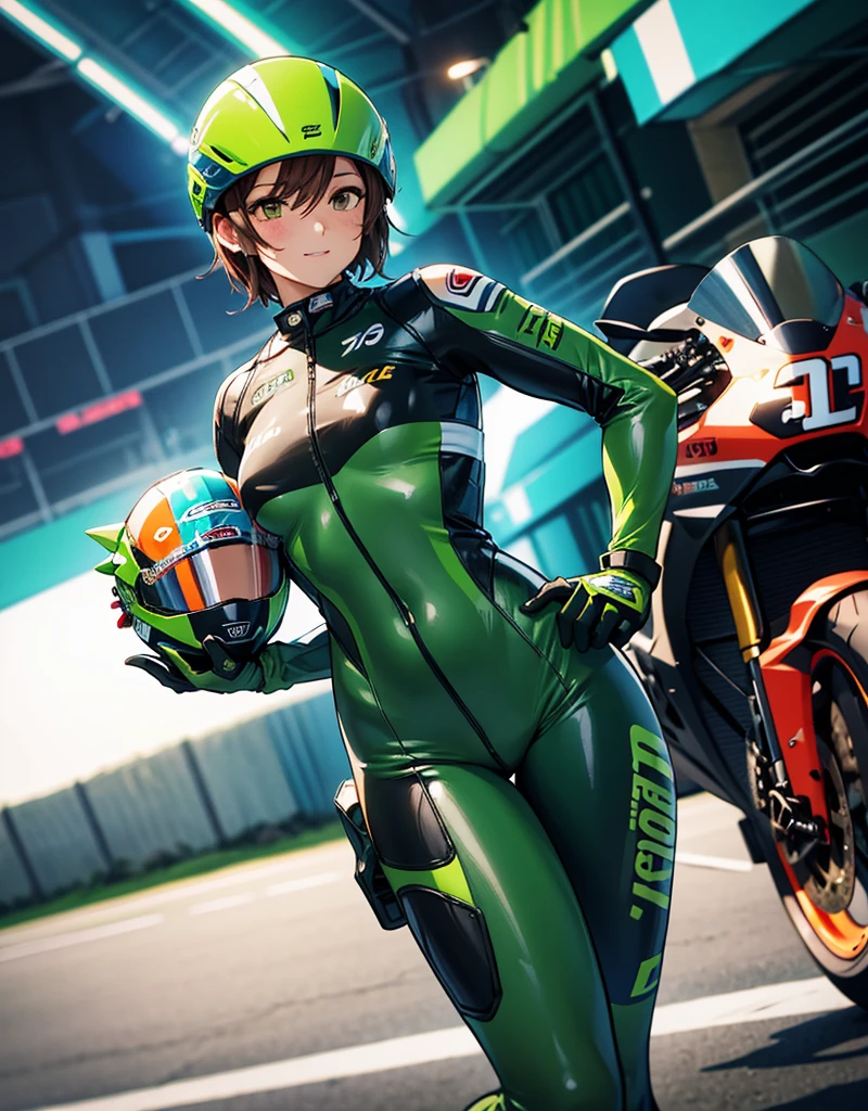  One girl , solo,  high res, chest,  blush,  smiles,  short hair , bangs,  brown eyes,  high res, masterpiece, accurate,  anatomically correct,  wins numerous awards, 最 High Quality , high detail,  high definition model ,  High Quality ,  retina,  very detailed,  Ultra Fine, Brown Hair, standing, ((( GREEN LEATHER RACING SUIT ))), circuit field background , GREEN SPORTS BIKE ,  wear a green racing suit all over, Leather gloves,  open your mouth and laugh, Highlight the whole body,  don't reveal your skin, Hold the helmet on your right , During a circuit race, Motorcycle circuit , motorcycle circuit, Racing suit with sponsor logo , ( One girl , Well-proportioned body,  cute face,  short hair:1.2), (最 High Quality ,  high res,  ANIME STYLE,  Motorsports rider with digital drawing mode  ,  realistic :1.1), MotoGP rider,  pose beside a Moto GP bike with a helmet in hand, Get your helmet,  depth of field ,  Circuit Background ,  detailed texture 