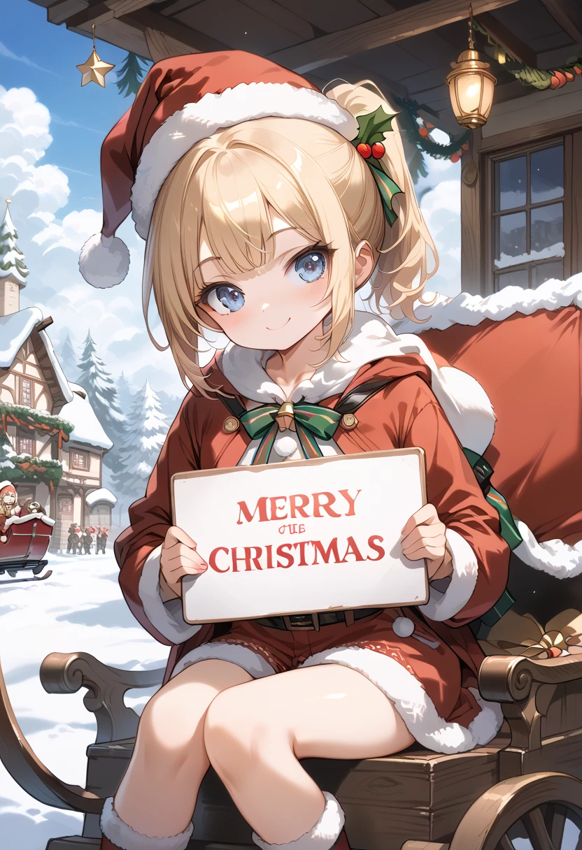 score_9,score_8_up,score_, masterpiece,High resolution,Highest quality,8k,  (holding blank sign), (Flat Chest,Short,blond Hair,ponytail) (wearing santa's red coat and hat), The best smile,looking at the camera,living, Sitting in Santa's sleigh, which is pulled by reindeer. An illuminated village can be seen in the background