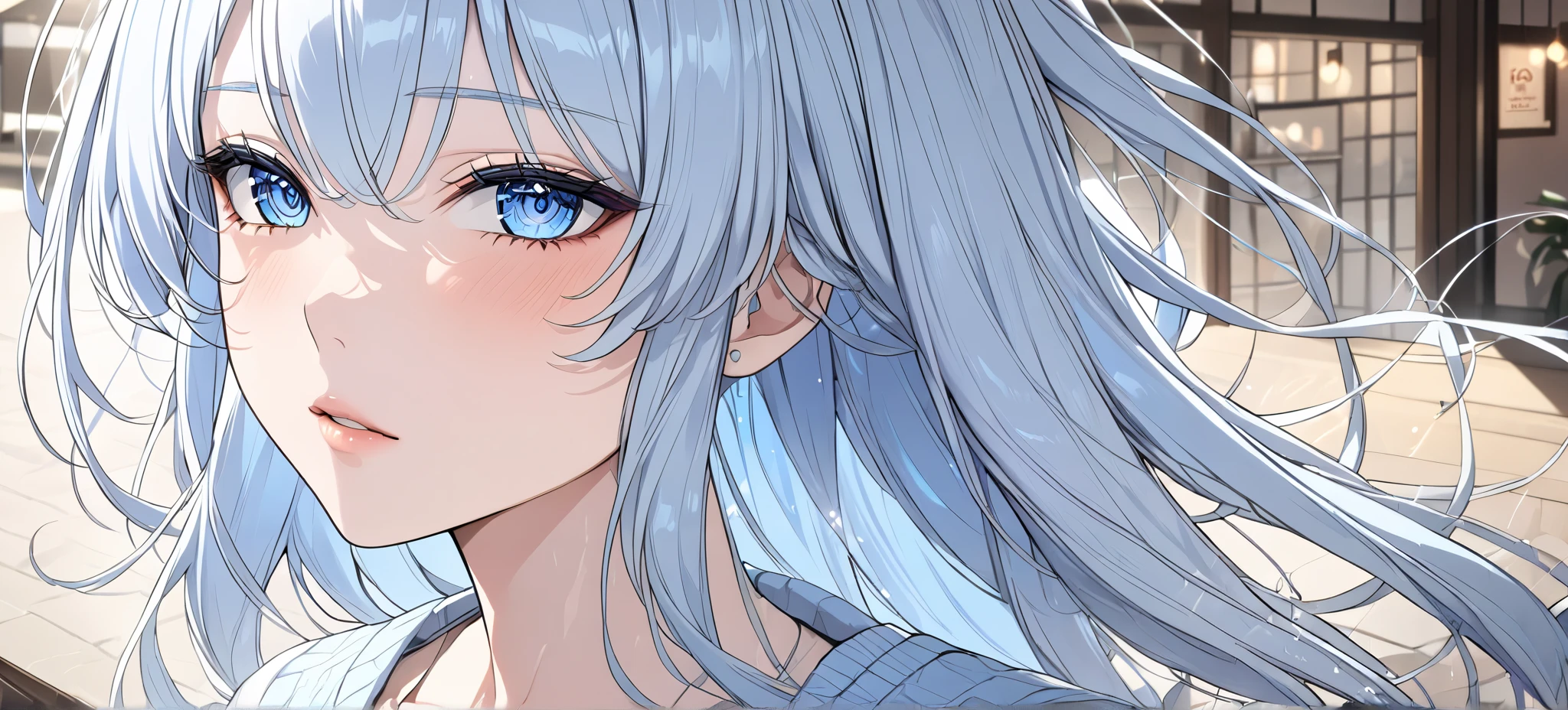 1 girl, A light blue haired girl, (detailed anatomical features, anime style:1.2), (best quality,4k,8k,highres,masterpiece:1.2),ultra-detailed, stunning lighting, soft colors, glowing skin, anime, anime style, on date, POV-date, blue eyes, cafe, UHD, retina, masterpiece, accurate, anatomically correct, textured skin, super detail, high details, high quality, award winning, best quality, highres, 16k, expressions, sweater, perspective,  unaestheticXL_cbp62 , HDA_CableKnitXL, NegPDXL-DHP, Stable_Yogis_Animetoon_Negatives, Stable_Yogis_Animetoon_Negatives-neg, wakeup