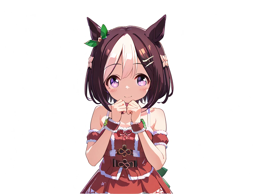 best quality, absurdres, masterpiece, 1人の女の子
special week \(Uma Musume\), 
full body, standing upright, white background, simple background, ((simple red christmas costume, fake fur, camisole, tartan pattern)), cute, beautiful, upper body, from front,, adult, 30-year-old, にっこり笑う,