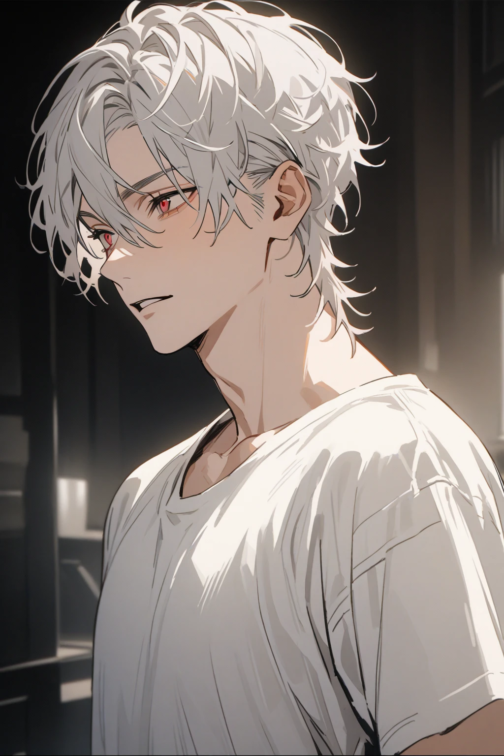 masterpiece、perfection、male、  handsome、  upper body、  Silver Hair   、Pale red eyes、   white shirt、    cool face    、