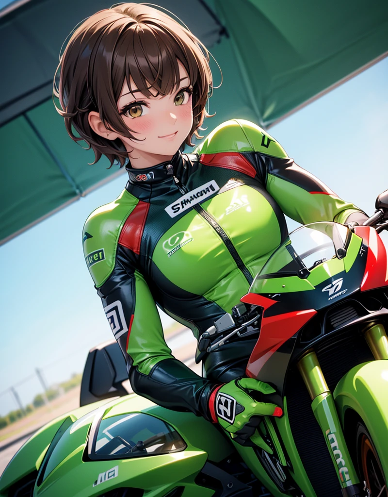  One girl , solo,  high res, chest,  blush,  smiles,  short hair , bangs,  brown eyes,  high res, masterpiece, accurate,  anatomically correct,  wins numerous awards, 最 High Quality , high detail,  high definition model ,  High Quality ,  retina,  very detailed,  Ultra Fine, Brown Hair, standing, ((( GREEN LEATHER RACING SUIT ))), circuit field background , GREEN SPORTS BIKE ,  wear a green racing suit all over, Leather gloves,  open your mouth and laugh, Highlight the whole body,  don't reveal your skin, Hold the helmet on your right , During a circuit race, Motorcycle circuit , motorcycle circuit, Racing suit with sponsor logo , ( One girl , Well-proportioned body,  cute face,  short hair:1.2), (最 High Quality ,  high res,  ANIME STYLE,  Motorsports rider with digital drawing mode  ,  realistic :1.1), MotoGP rider,  pose beside a Moto GP bike with a helmet in hand, Get your helmet,  depth of field ,  Circuit Background ,  detailed texture 