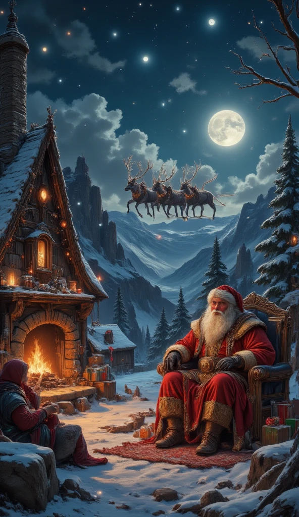 masterpiece, 8k, HDR, 3 D, best quality, photography, analog style, real life, extremely beautiful, (highly detailed, intricately detailed), An image of a cozy cabin at the North Pole, where Santa Claus is preparing for his big annual journey. The cabin is decorated with Christmas lights and festive ornaments, and a large fireplace emits a warm glow. Santa, with his signature white beard and red suit, is sitting in his chair, carefully checking off his list of good and naughty ren. Around him, the elves are working diligently, packing presents and preparing the sleigh. The reindeer, led by Rudolf with his bright red nose, are ready to go. Outside the cabin, snow is falling gently, creating a magical winter landscape. Santa Claus stands up, grabs his sack full of presents, and, with a smile and a “Ho, ho, ho!”, heads to the sleigh. The reindeer take off, and Santa flies off into the starry sky, ready to bring joy to homes around the world.