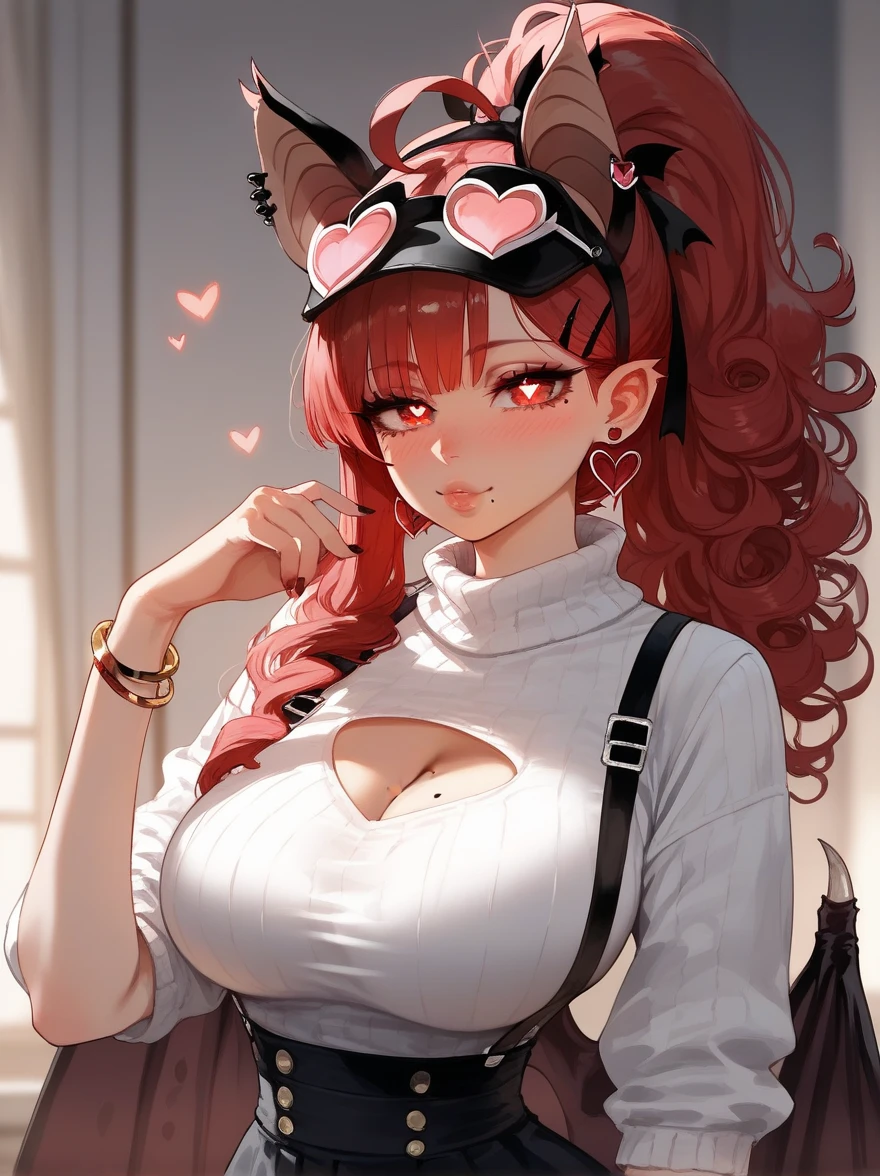 Masterpiece, best quality, upscaled, HD detail, detailed, good quality, score_9, score_8_up, score_7_up, detailed eyes, mole on face, mole on breasts, lips, ((large breasts)), heart earrings ,   ,red eyes, High ponytail, long side hairs, eyes through bangs, hair clips, detailed eyes, hair ribbons, jewelry, heart-shaped pupils, eyeliner, dolly eyelashes, ,  ahoge, curly hair, blush, bracelets , skinny waist, bracelets, nails, black hair undertone, bat ears, bat wings, suspenders, short skirt, sweater top, looking at viewer , ((bat ears on head)), hair streaks, black tips, ((red hair))