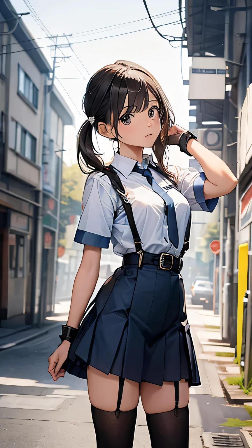 High Quality , masterpiece, super high res, ( realism: 1.4), oil painting style , movie lighting, , I stood on an empty asphalt road and watched it.., and、flying crane suspenders Big Breasts Small Face Lies in Bed looks up sweat belt buzzer 脇sweat black hole gloves suit miniskirt garterbelt Foot Link ズボンのbelt place hands on back uneasy expression looks up uneasy expression Knee-length knee socks Knee-length socks garter belt garter Garterbelt on thighs, place hands on back restrict handcuffs Cable ties Cable ties on thumbs