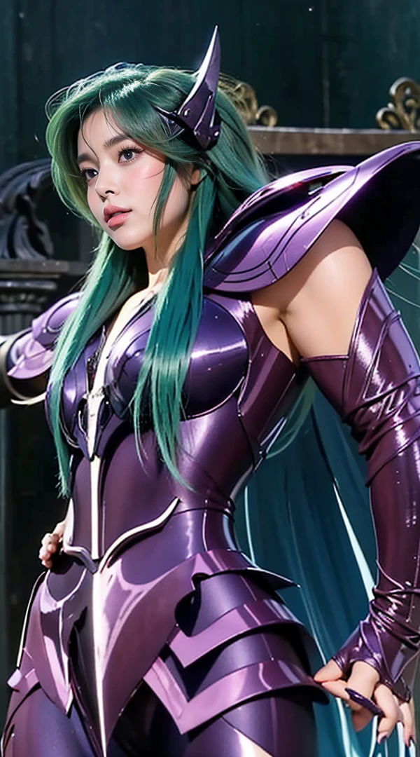 ​masterpiece, A highly detailed and realistic depiction of a cute, chubby girl with large breasts, an hourglass figure, an exposed abdomen, and visible thighs, wearing dark purple metallic skin and armor with a shiny finish and intricate designs, featuring many aesthetic carvings, inspired by the theme of the Sagittarius Zodiac character from Saint Seiya, Hyoga. The character has long, flowing, messy teal hair in a metallic purple color, striking a confident yet noble feminine pose. The background is an ancient Roman temple, matching the style and lighting of the original location. The focus is on the reflective sheen of the skin and armor and the intense expression of the character.