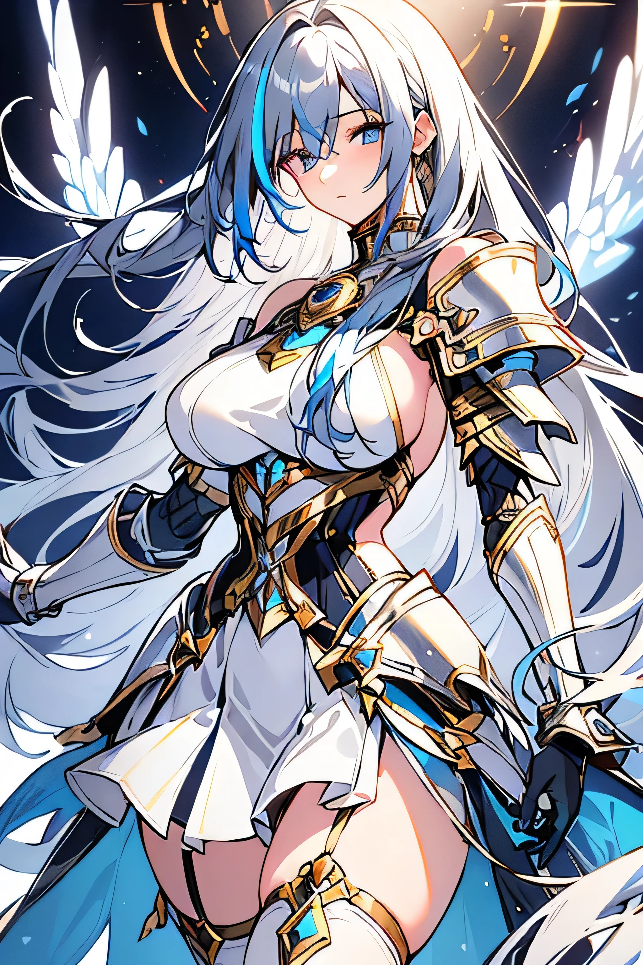 highres, highest quality, illustration, ultra detailed, (detailed face), (detailed eyes), cinematic lighting, best quality, hyper detailed, masterpiece, an adult age woman, solo, long hair, (blue-streaked silver hair), blue eyes, ((long blue color female knight dress)), ((long blue-colored coat tail)), (((silver-colored chest armor))), sleeveless, bare shoulder, white-colored skintight detached sleeves, gold armlets, skirt, ((white skirt)), black high thigh stocking, luminous eyes, big breasts, light rays, (colorful), head to thigh, magic circles, exquisite fantasy outfit design, standing, steady pose, 27 years old