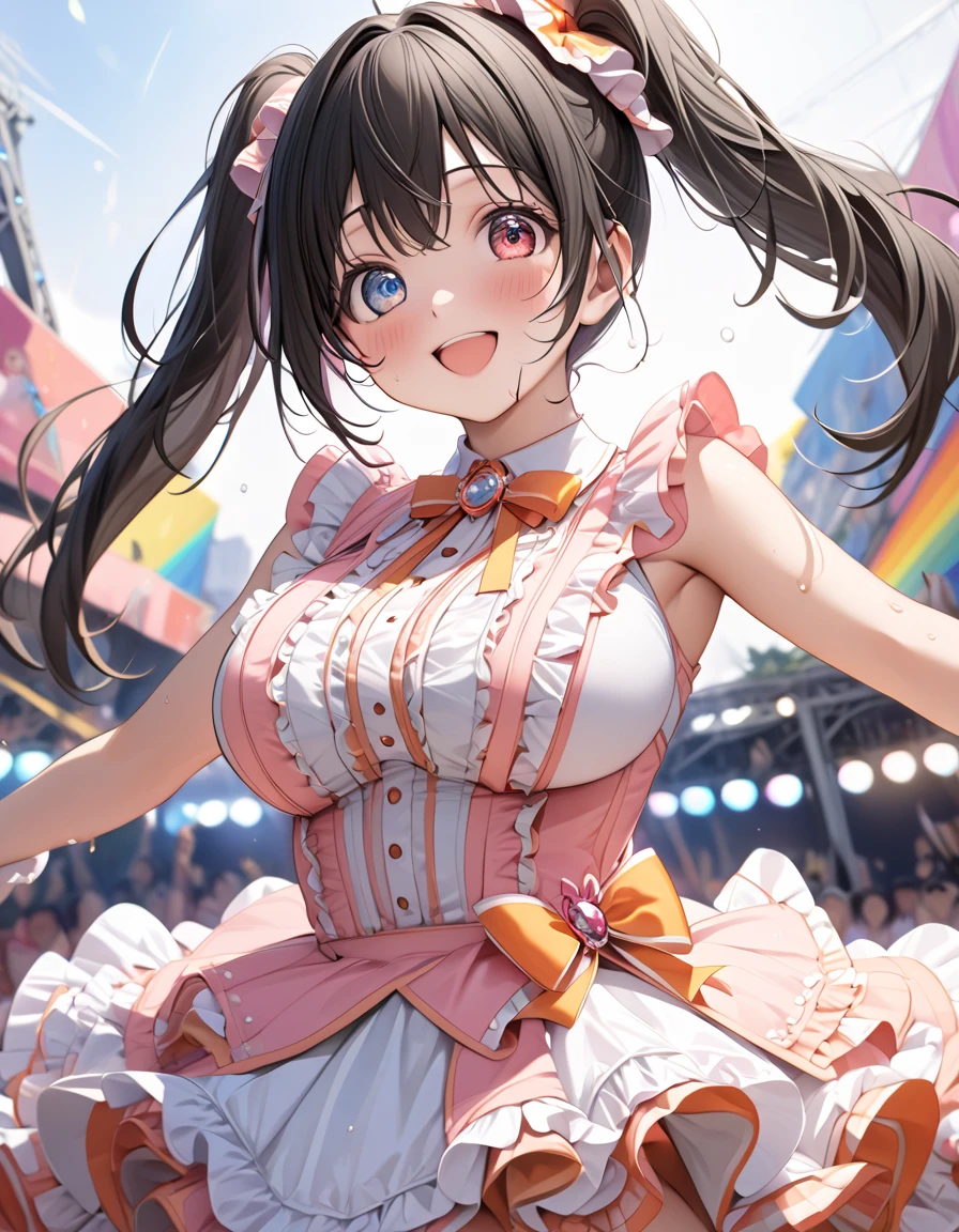 (ultra-detailed, master piece, best quality, high resolution, beautiful hair, beautiful eyes, expressive eyes, perfect face, perfect human structure, photorealistic background, very dynamic illustration),
 outdoor music festival, ( colorful spotlights, live stage,
 slightly frizzy hair, short cut, high twin tails up both sides, black hair, super baby face, big droopy eyes, heterochromia, pink eye, orange eye, very huge breasts, wearing a cute idol outfit with lots of frills, a little blushing and cute. She is wearing a cute idol outfit with lots of frills, blushing a little, smiling prettily, dancing and singing energetically and intensely, sweaty, and on the verge of tits.