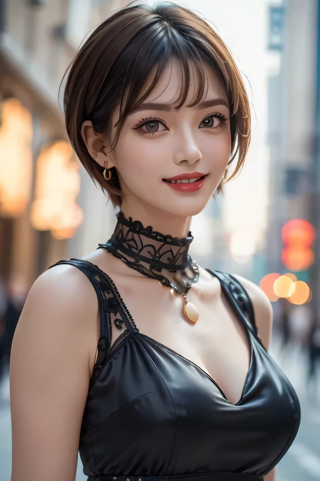 8k, table top, RAW photo, highest quality, realistic, Highly detailed CG Unity 8k wallpaper, written boundary depth, cinematic light, Lens flare, ray tracing, (very beautiful face, beautiful lips, beautiful eyes), face with intricate details, ((super dense skin)) 1 girl, in the dark, deep shadow, cute korean girl, Flashy makeup with red eyeshadow,her shortcut, Delicate light brown hair is slightly disheveled with side waves.,wearing large ring earrings,K-POPアイドル, 1 girl, (very slim and slender fit muscular body:1.3), ((looking at the viewer)),(big smile:1.3), (magenta and black blouse), (sleeve fashion city night, dark night, (neon sign), (blurred background), fashion street night),(no people in the background:1.3), beautiful earrings, bracelet, necklace, pantyhose, clear eyes, walk, (white skin), (big eye ace forward, ((upper body shot)), ((silk collar dress:1.3)),(brown hair),((tight fit lace dress)), (See through), (looking at the viewer:1.3) open chest, very slim, medium breasts, backtracking,((buckshot)), See through, Middle butt, mini skirt:1.5,up hair, From above:1.5,You can see the lines of the full back pants:1.4,
