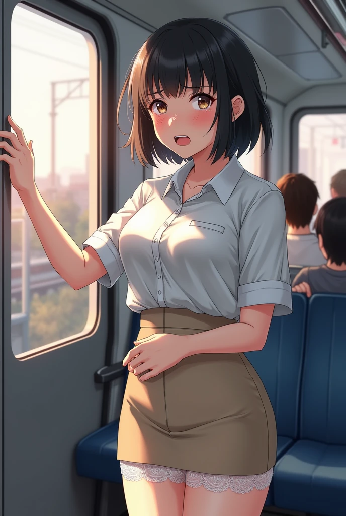 (1 person、alone:1.1), Beautiful woman, ((Anatomically perfect body)), Slender、(stewardess、Cabin attendant), (Japan Air Line uniform、Jacket、Pencil Skirt:1.1)、(Look down:1.2), (detailed ?????), (???????????:1.1)、20-year-old、(Highest quality)、Black Hair, (french twist:1.3), On the plane、(8K, High resolution)、(shy:1.4)、medium ??????, Thin legs、Small ???、(steam:1.1), (embarrassed:1.3), show off ??????? under shirt、sit、knees to ?????, Bend your knees, (High heels), (Hands between legs)、High definition beautiful face