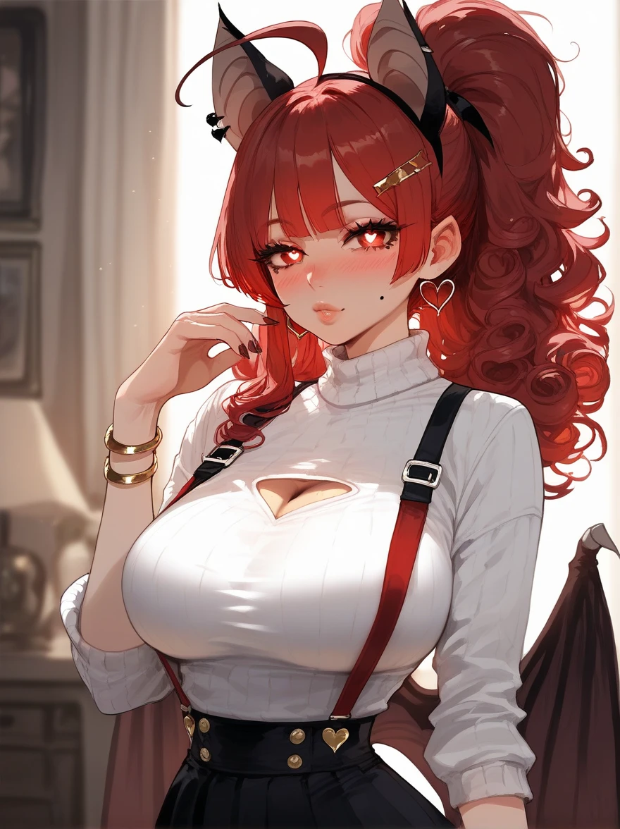 Masterpiece, best quality, upscaled, HD detail, detailed, good quality, score_9, score_8_up, score_7_up, detailed eyes, ((red hair)), mole on face, mole on breasts, lips, ((large breasts)), heart earrings ,   ,red eyes, High ponytail, long side hairs, eyes through bangs, hair clips, detailed eyes, hair ribbons, jewelry, heart-shaped pupils, eyeliner, dolly eyelashes, ,  ahoge, curly hair, blush, bracelets , skinny waist, bracelets, nails, bat ears, bat wings, suspenders, short skirt, sweater top, looking at viewer , ((bat ears attached to head)), dark hair streaks