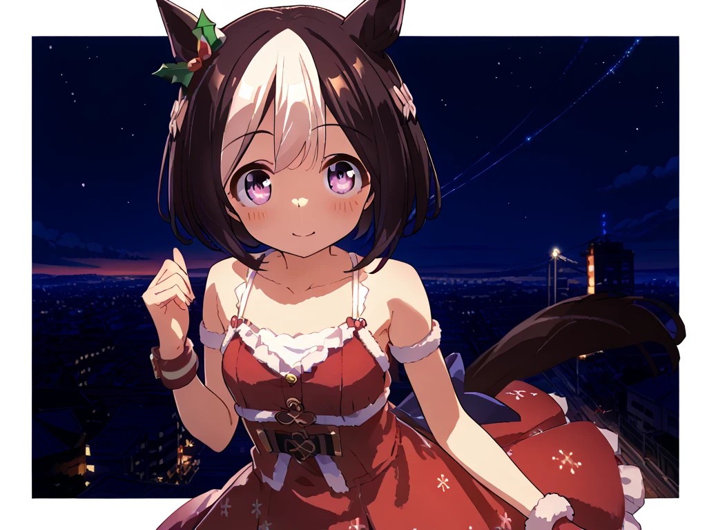 best quality, absurdres, masterpiece, 1人の女の子
special week \(Uma Musume\), 
full body, standing upright, white background, simple background, ((simple red christmas costume, fake fur, camisole, tartan pattern)), cute, beautiful, upper body, from front,, adult, 30-year-old, にっこり笑う, outside, in the city, with a starry sky, at night