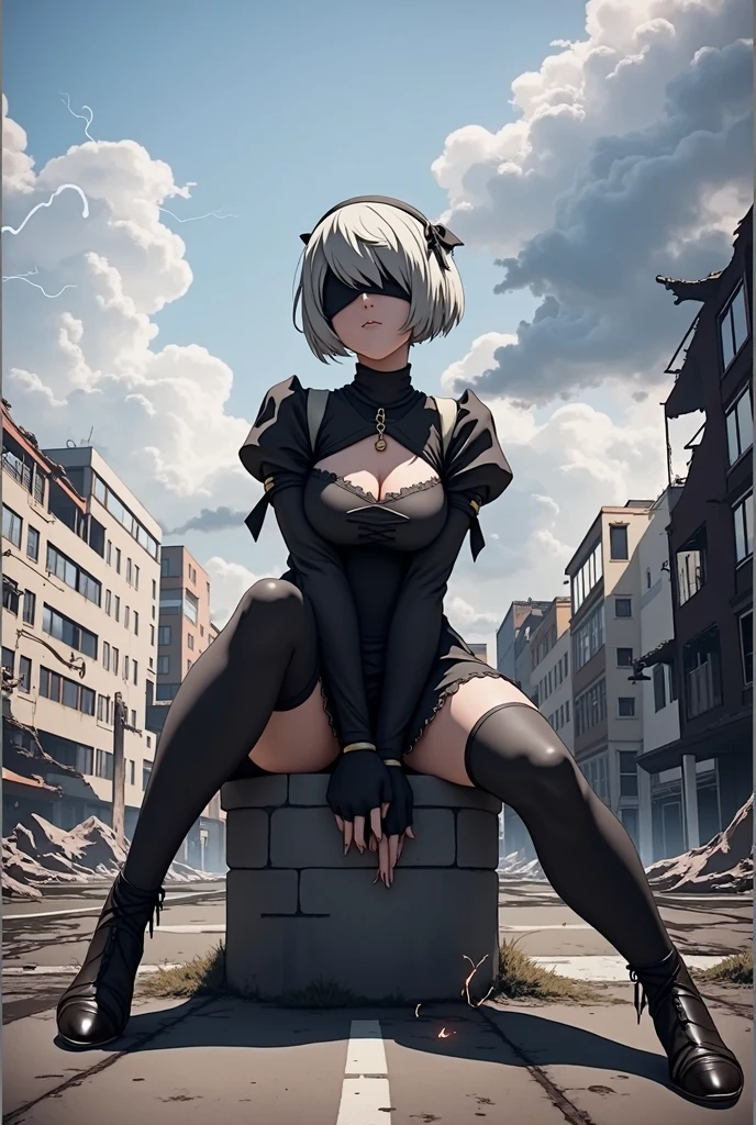 Camera from above, leans forward, on the knees, stands, erotic posture, woods, Ruins, water fall, half naked, Nudie, Erotica, Camera from above, Frame from above, shapely legs, stands on the edge of the roof, White Hair Bob, ashy hair, The eyes are covered with a bandage, Cyan eyes, black dress with a short skirt, short black skirt, Skirt covers buttocks, neckline on the chest, white panty, black stockings, high black boots, high-heeled boots, very extremely beautiful, Small firm buttocks, Slender figure, Full-length(Body Full 1.1),Game nier automata, ruined city, The city, overgrown with plants, Ruins, high detail official illustrations, ((beautiful fantasy girl)),Red Small Breasts, Her breasts are sticking out from under her clothes, BREAK (Master Part: 1.2), Best Quality, High Resolution, photorealestic, photogenic, Unity 8k壁纸, (illustartion: 0.8), (Beautiful detailed bluish-gray eyes: 1.6), extremely detailed face, perfect lighting, extremely detailed CGI , (perfect arms, perfect anatomy), A girl with perfect breasts, beatiful face, master study, intricate details, Detalhes realistas, the anime, (Based on nier automata) the perfect body, The Perfect Girl, perfect details, Ultra HD |, 8K, Professional photo, Anime Style 2B,
