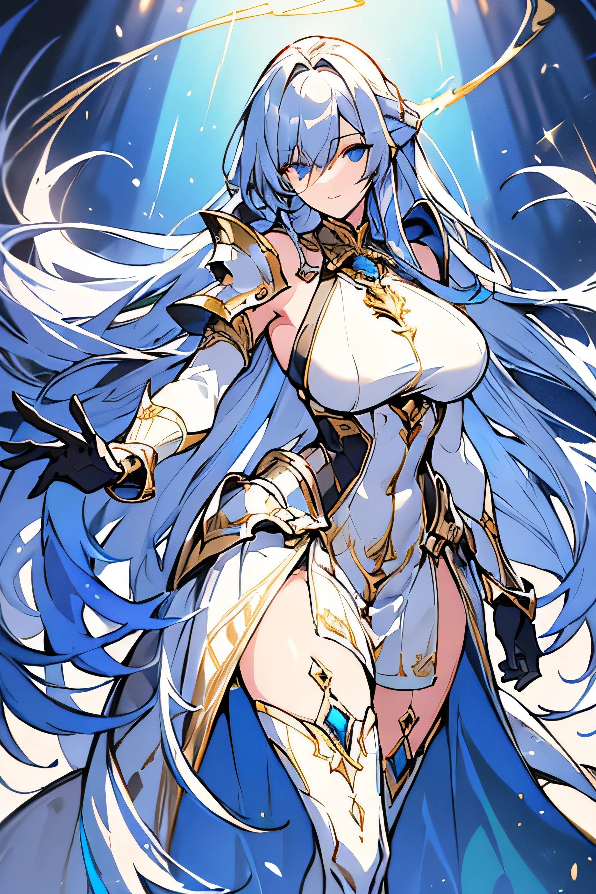 Anime girl with long white hair and blue dress holding a sword - SeaArt AI