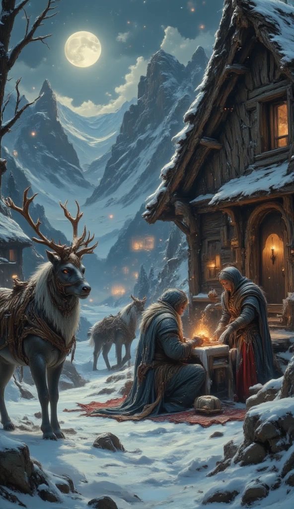 masterpiece, 8k, HDR, 3 D, best quality, photography, analog style, real life, extremely beautiful, (highly detailed, intricately detailed), An image of the elves working diligently, packing presents and preparing the sleigh. The reindeer, led by Rudolf with his bright red nose, are ready to set off. Outside the hut, the snow is gently falling, creating a magical winter landscape.