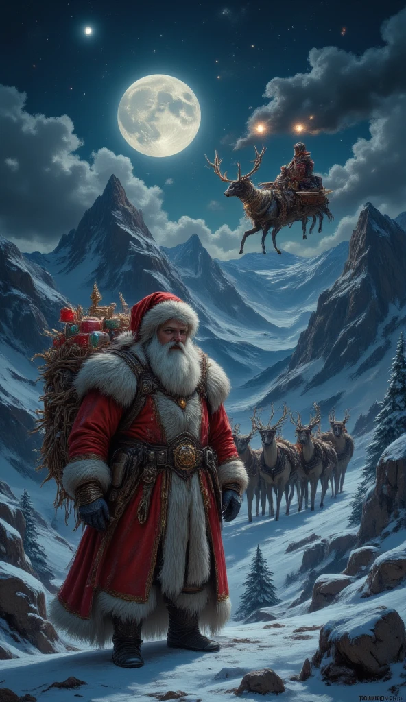 masterpiece, 8k, HDR, 3 D, best quality, photography, analog style, real life, extremely beautiful, (highly detailed, intricately detailed), An image of Santa Claus stands up, grabs his sack full of presents, and with a smile and a "Ho, ho, ho!", heads to the sleigh. The reindeer take off, and Santa flies off into the starry sky, ready to bring joy to homes around the world.