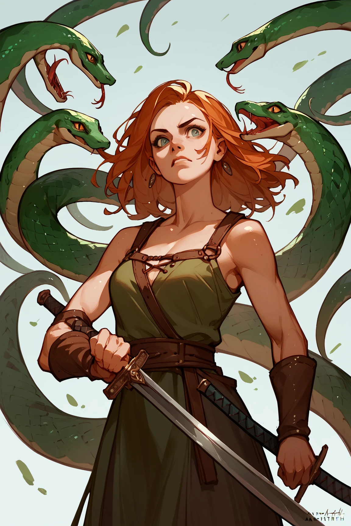 Character portrait of a Marilith from Dungeons and Dragons. She has the upper body of a human woman and the lower body of a snake. She has six arms, all wielding swords. (Score_100_up) Artstation.