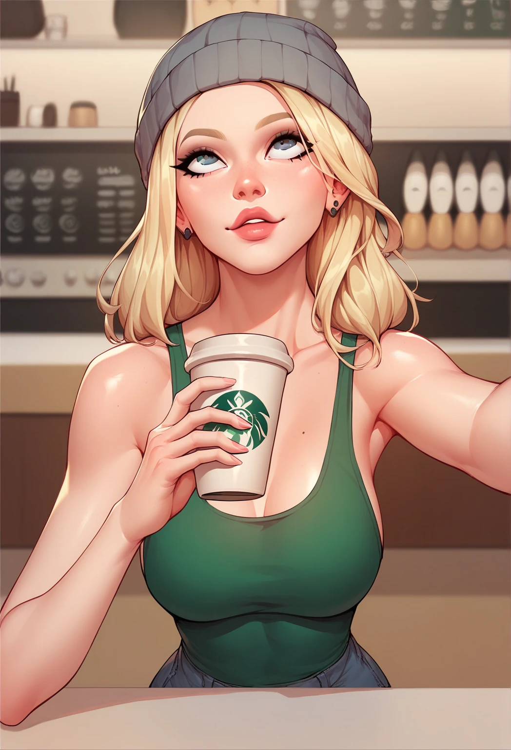 Beautiful blonde woman, coffee shop setting, gray beanie, perky boobs, tank top, selfie, looking up at me