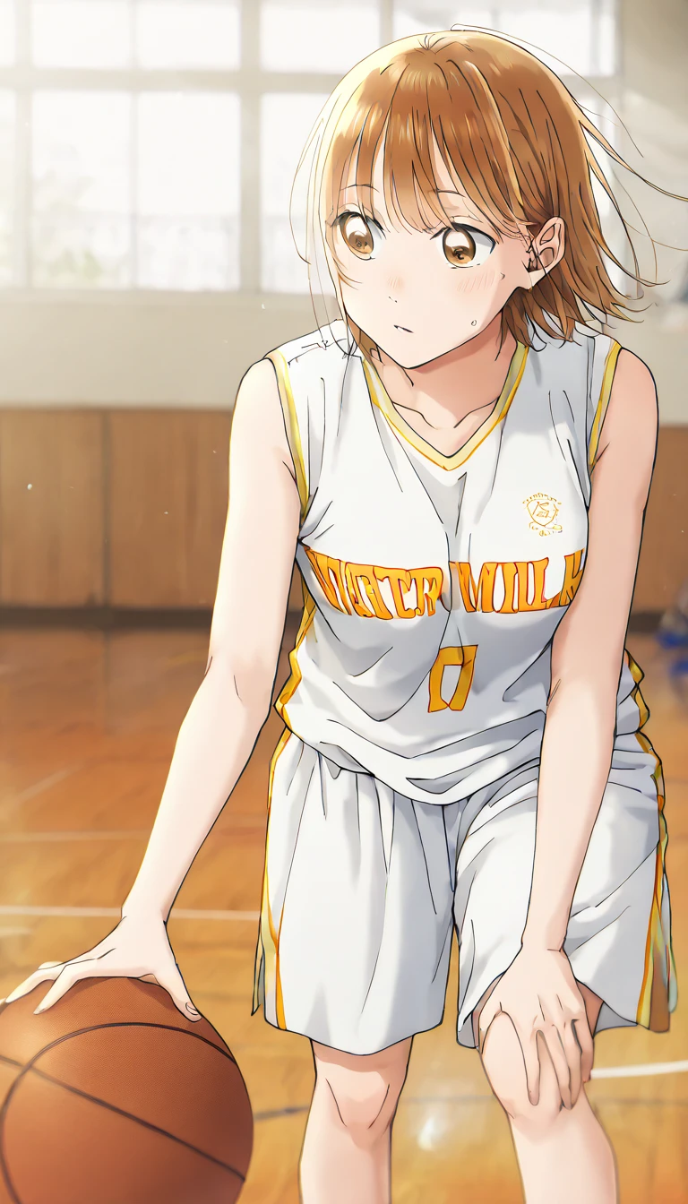        1 girl, Alone, Chinatsu,      Blurry Background,        brown eyes、        basketball uniform with a basketball in one hand 、  An iron collar that smells like milk for a woman who is shirtless in the lobby 、nsfw、       tank top  、Bibs、 Inside is black 、naked 、  Skindent 、   large areolas supporting breasts 、       lean forward      、   put your hands on your knees、       small 、belly button、Gym、        basketball only       、     viewers, masterpiece,  top quality,        High Quality      ,              very sophisticated          ,        absurd、(        sleeveless 、   basketball only       、side、side汗、   Raise your face   、     dribble、Move)、execution、      hopeless、       sweated、In motion、  basketball ring       