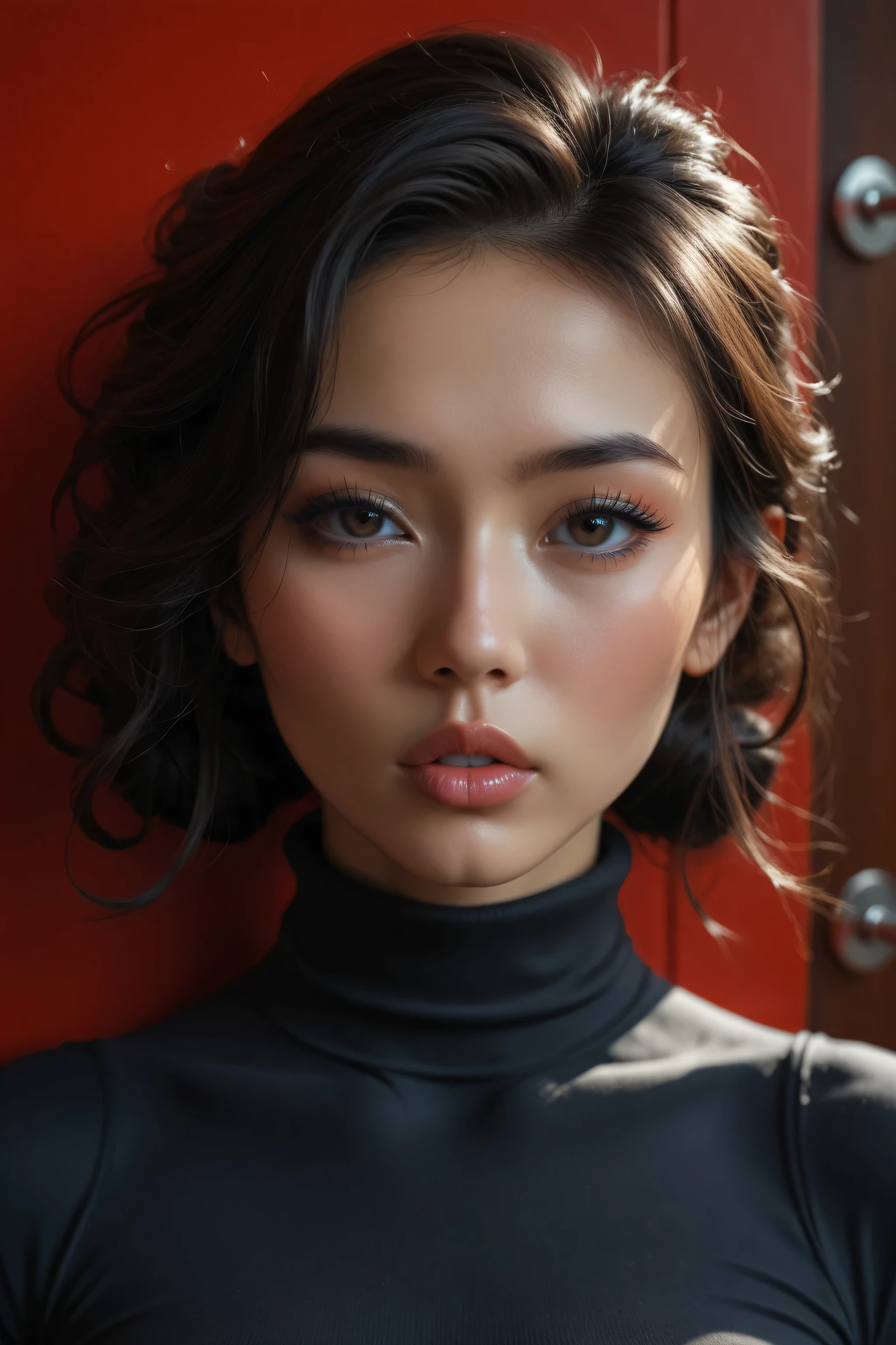 score_9, score_8_up, score_7_up, vibrant asian woman, leaning on wall,  bun large breasts , past shoulder length wavy black length hair,  fitness model, full lips,, deep stare into viewer's eyes, ,tight turtleneck swater, erect nipples