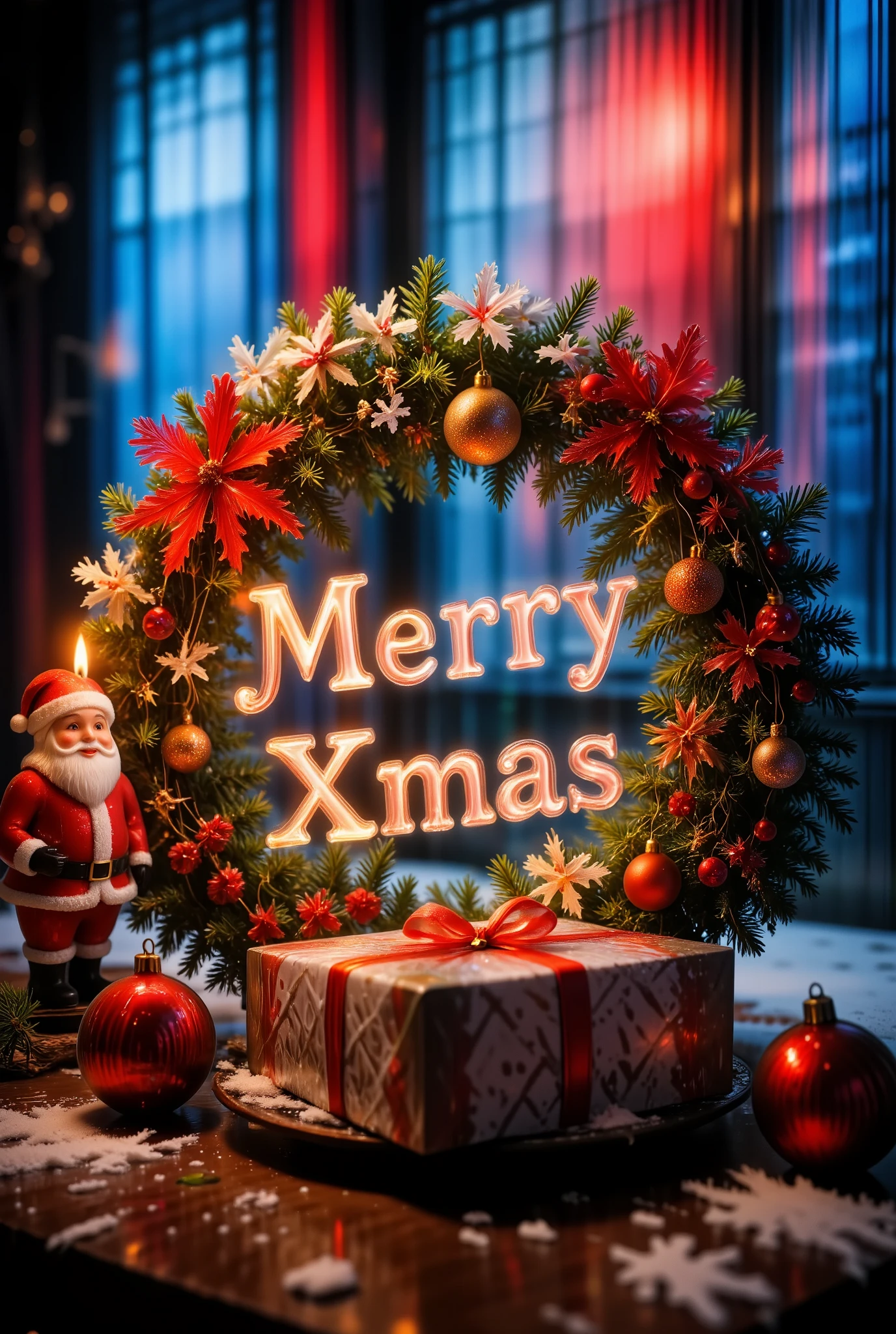 Decorated Christmas wreath , merryXmas overlay,  A Christmas present is placed in front of it, merryXmas , Santa Claus shaped christmas candle, Soft light,  warm atmosphere ,  dramatic, mysterious fantasy, message overlay