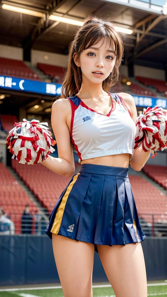 A beautiful young Japanese woman, 20 years old, with perfect anatomy, healthy thighs, beautiful feet, flawless skin, random hair color and style, large bust, (she is standing:1.2), wearing a cheerleader uniform with micro-pleated miniskirt, in a full body shot, standing in a stadium, (best quality,4k,8k, highres, masterpiece:1.3), (extremely detailed:1.2), Sae Okazaki